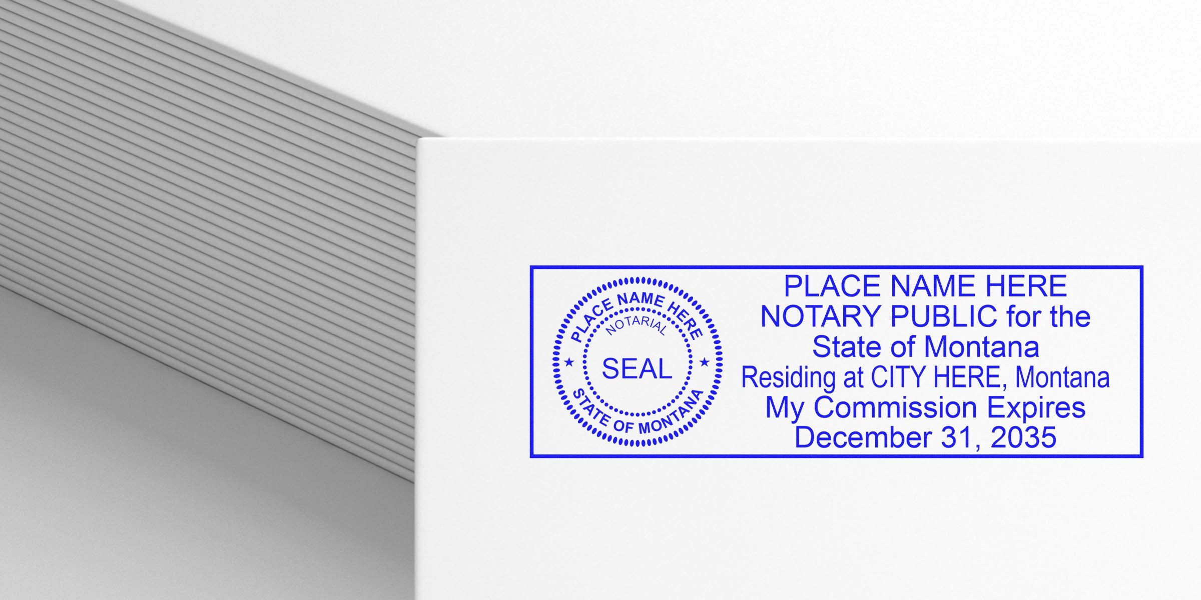 Montana notary public stamp with official seal and commission expiration date on white background, emphasizing Montana notary stamp renewal and renewal requirements.