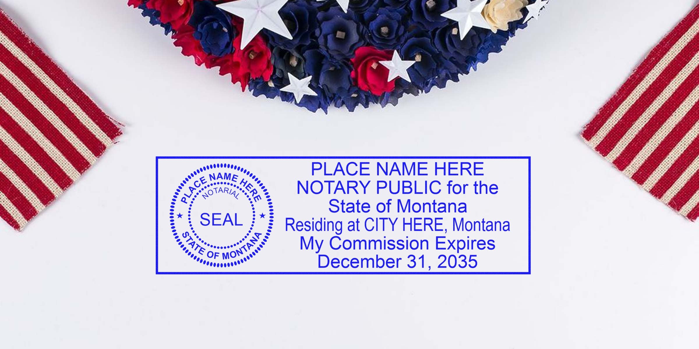 Montana notary public stamp framed by a patriotic wreath and American flags, symbolizing the process to become a notary in Montana.