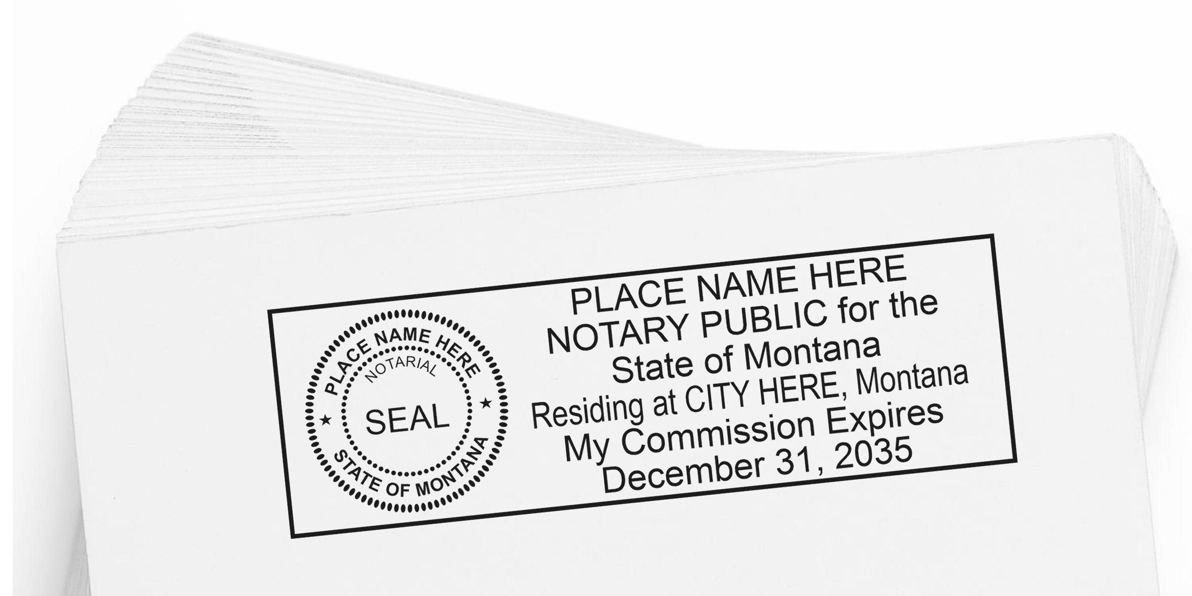 Montana notary seal stamp on white paper with commission expiration date and notary public stamp; includes tips for buying a notary seal.