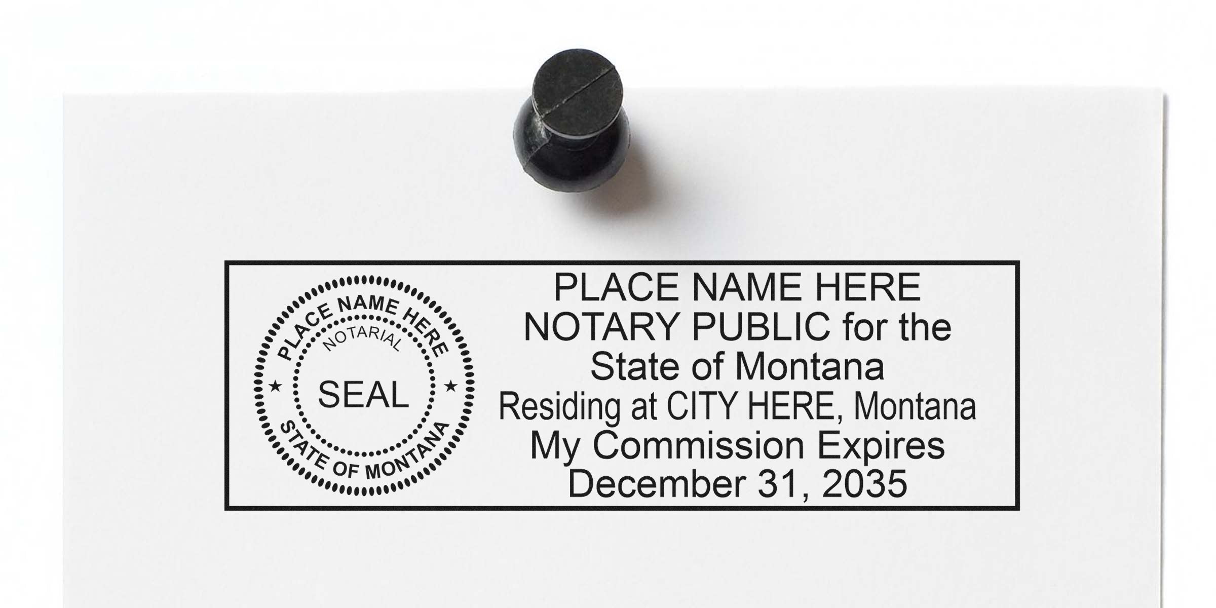 Montana notary seal stamp with commission expiration date on white paper, pinned by a black thumbtack, from trusted Montana notary seal providers.