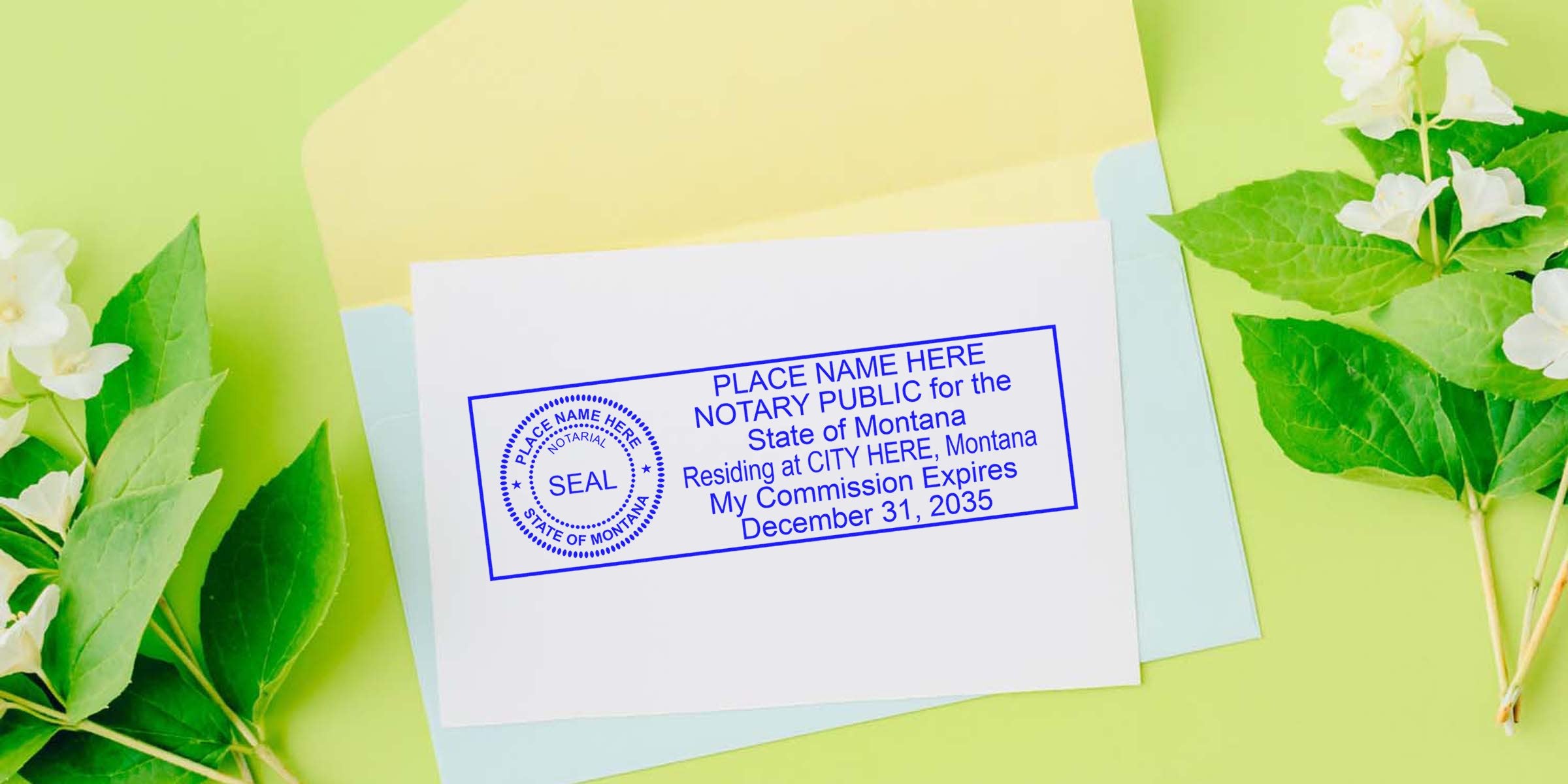 Montana notary stamp on white paper with green leaves and pastel envelopes, showcasing key Montana notary supplies and smart shopping tools.