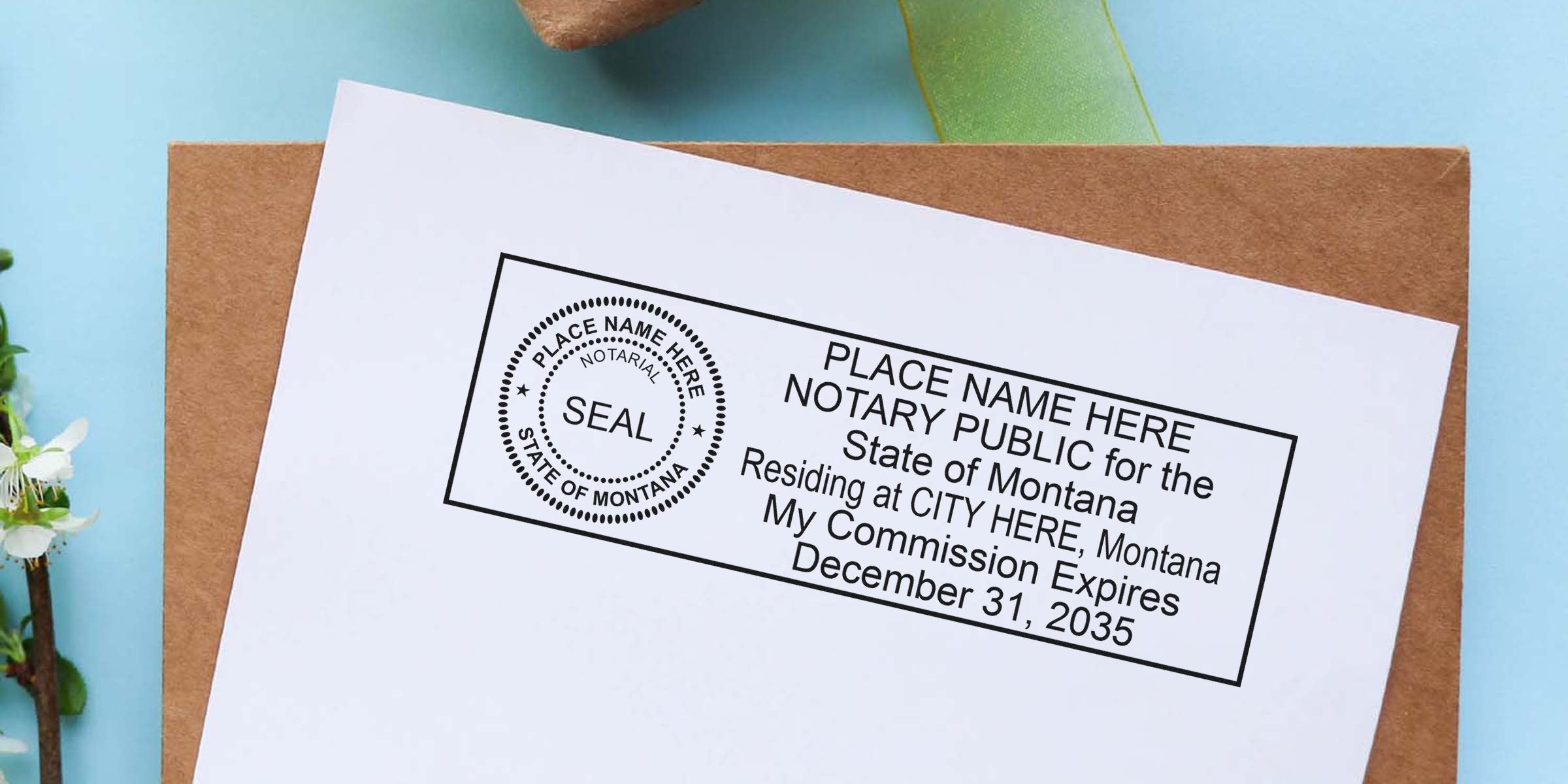 Montana notary stamp and commission seal on white paper with a brown envelope background, showing the notary stamp purchase process.