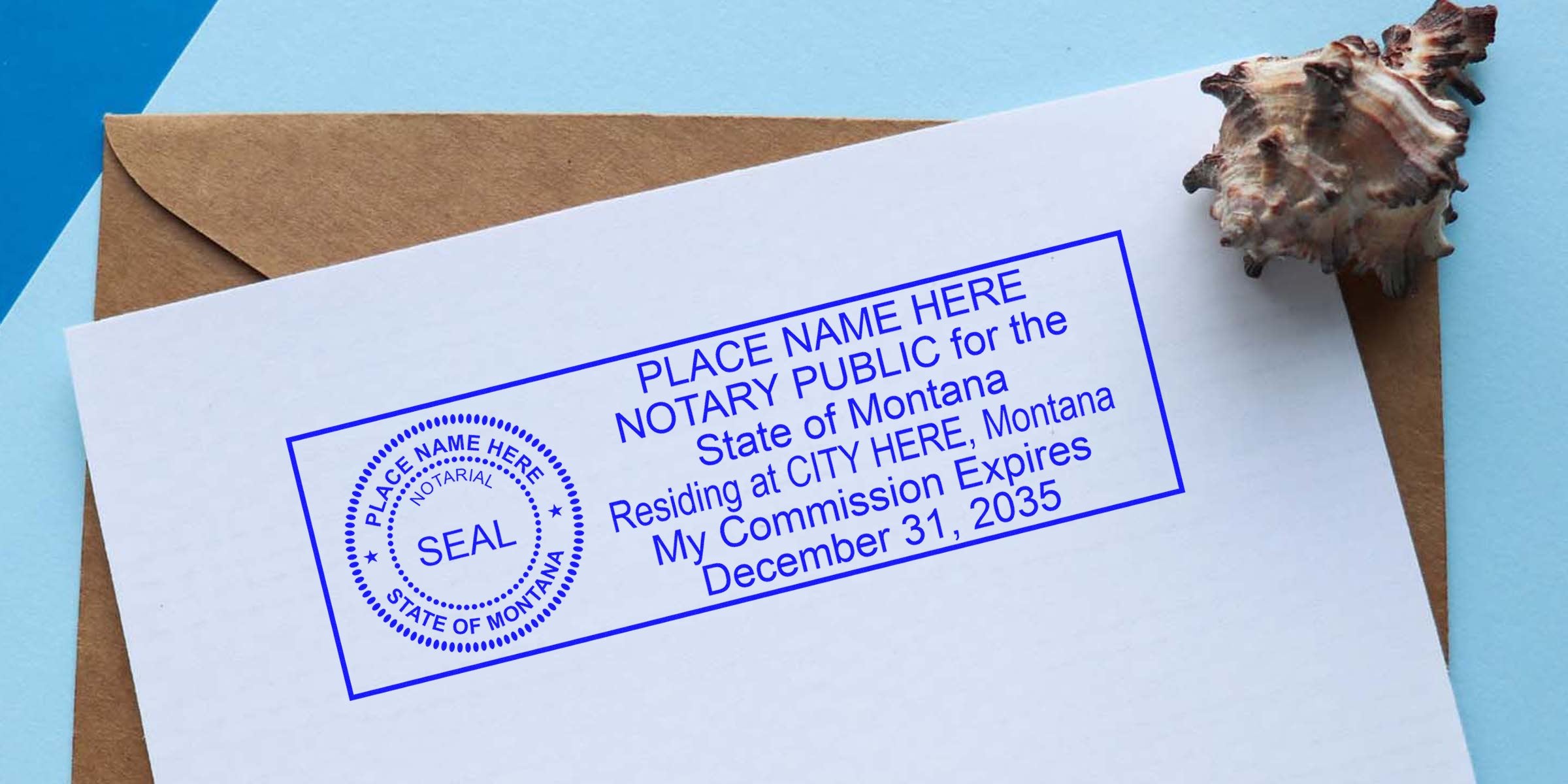 Montana notary stamp on white paper with an envelope and seashell backdrop, highlighting official notary advantages.