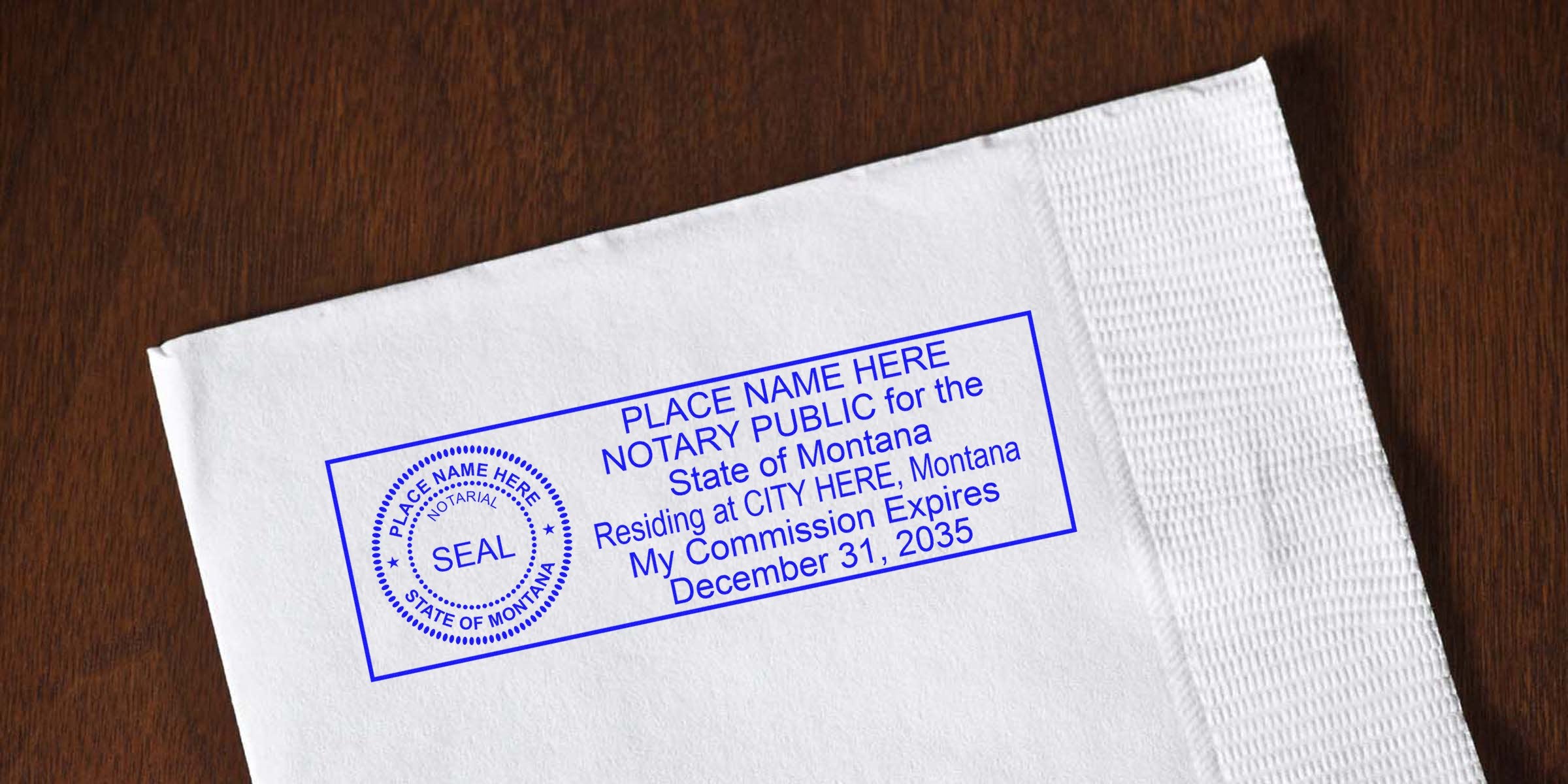 Montana notary seal with stamp and commission expiration date on white napkin, showing Montana notary seal and its requirements.