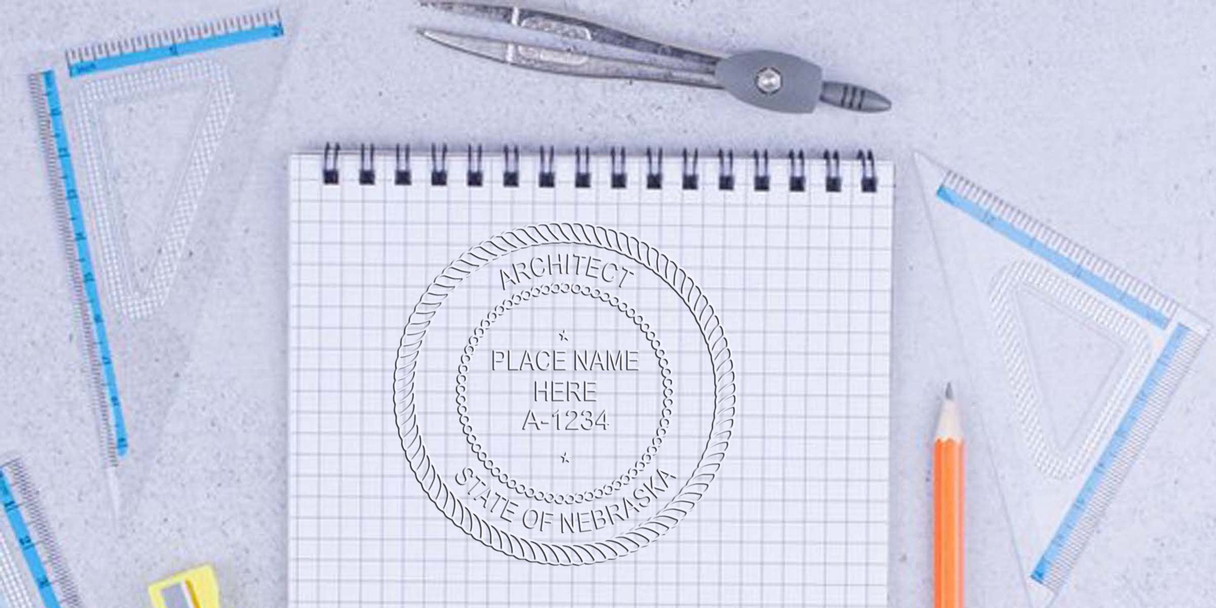 Architect stamp Nebraska on graph paper with drafting tools and pencil, showing professional Nebraska architect license seal for verification.