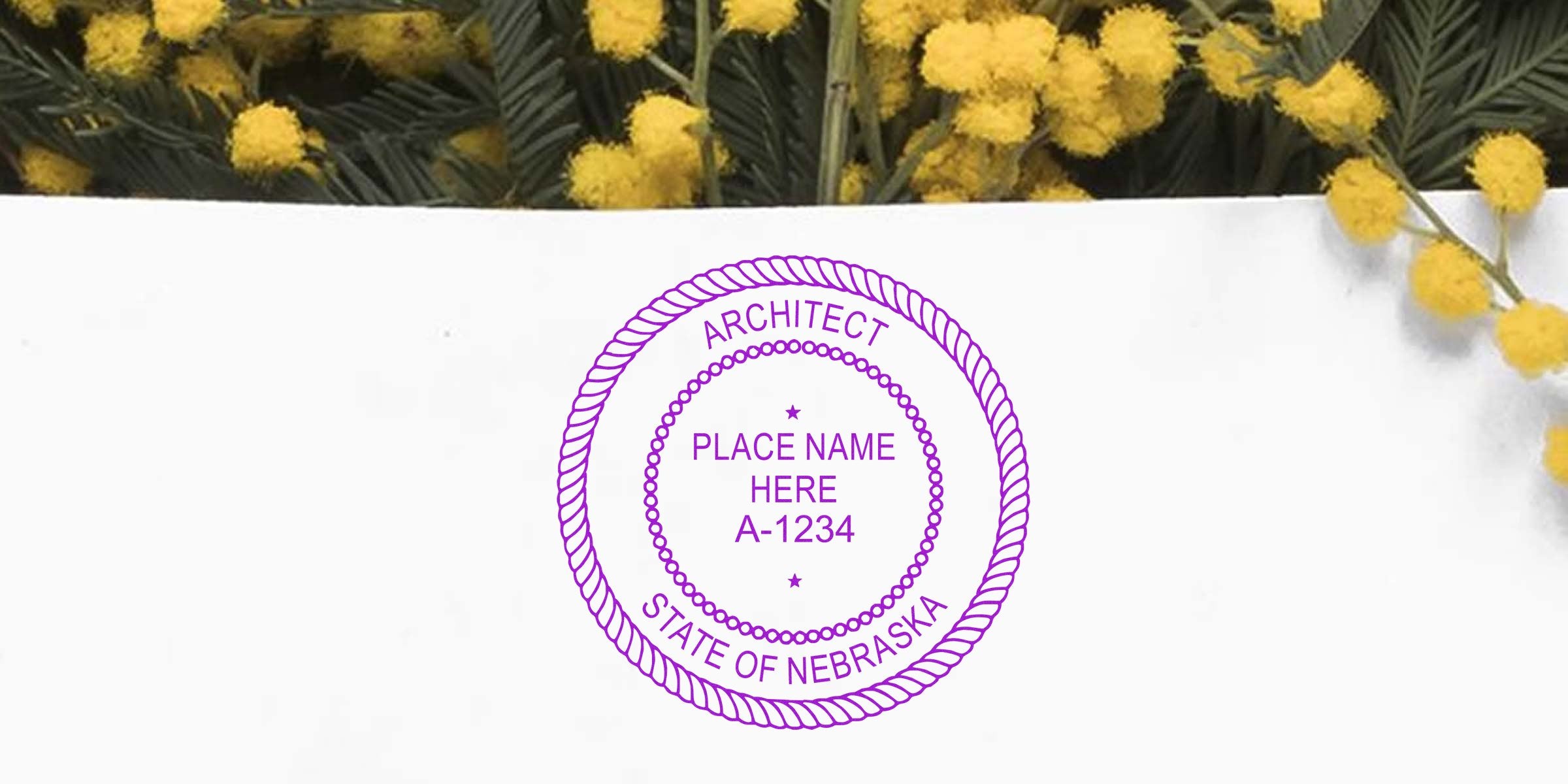 Nebraska architect seal stamp with yellow flowers background, highlighting Nebraska's architect stamp laws and regulations for professional certification and licensing.