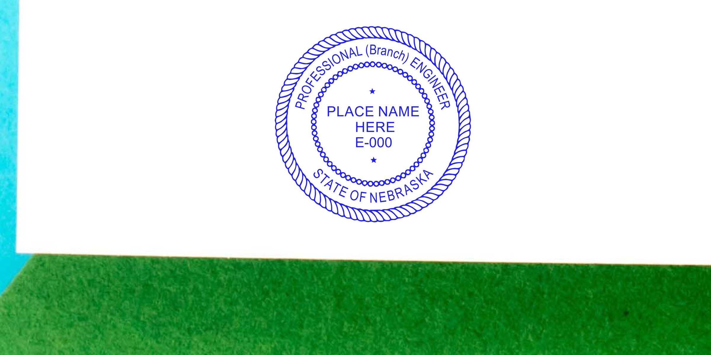 Custom NE PE seal in blue ink on white paper, representing Nebraska professional engineer certification and the selection of a professional engineer seal.