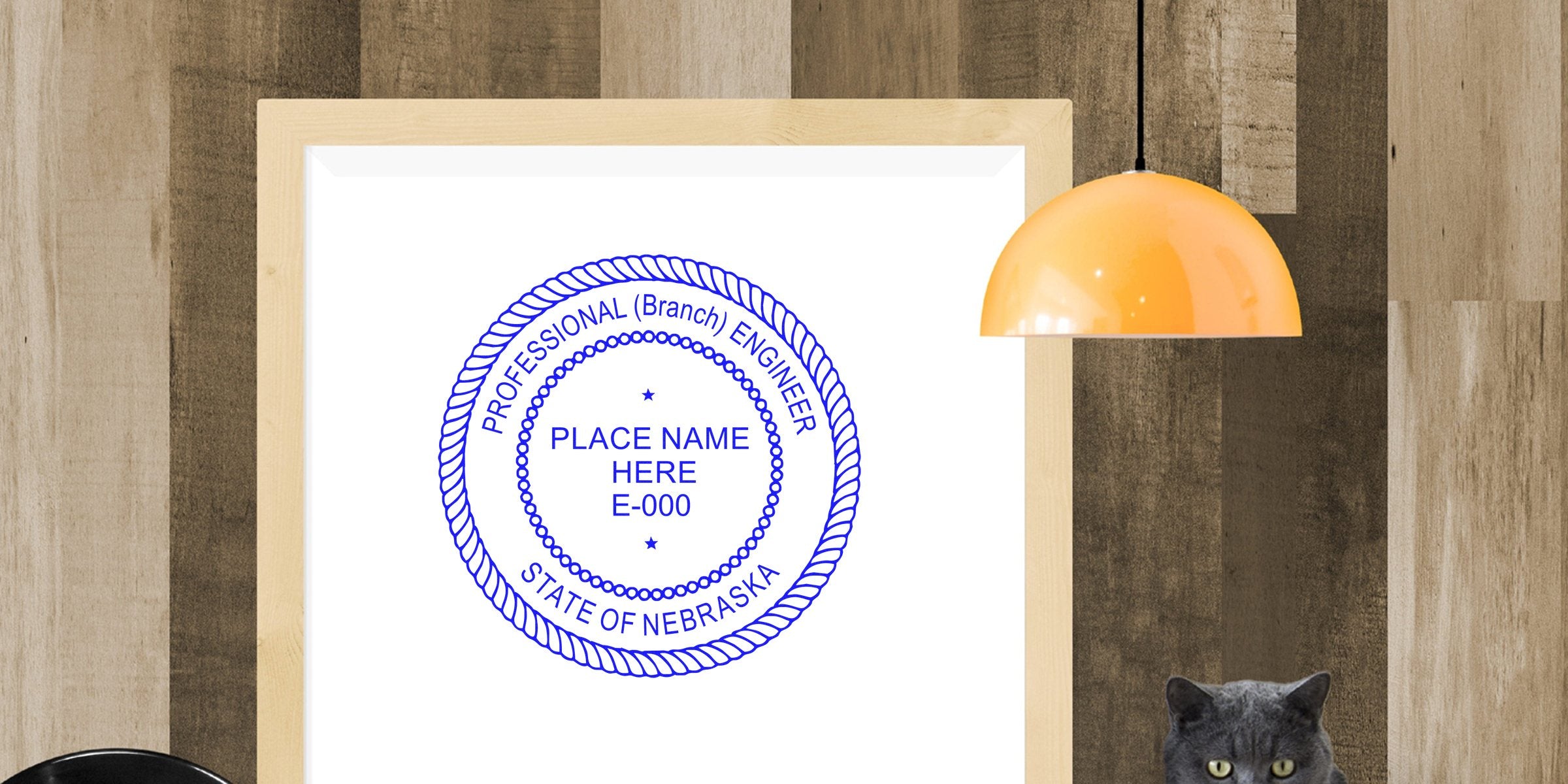 Professional engineer seal Nebraska on a wooden wall with a modern lamp and gray cat, showing the Nebraska engineer stamp size and seal for certification and licensing.