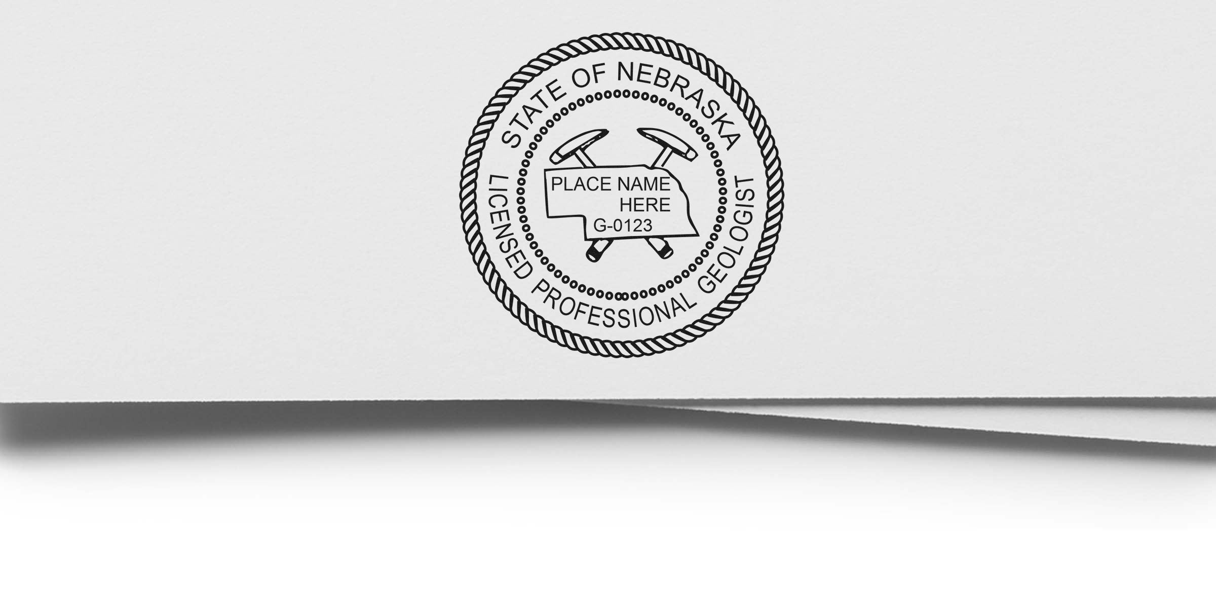 Nebraska licensed professional geologist seal with crossed hammers and state outline on white background, symbolizing Nebraska geologist licensing and seal regulations.