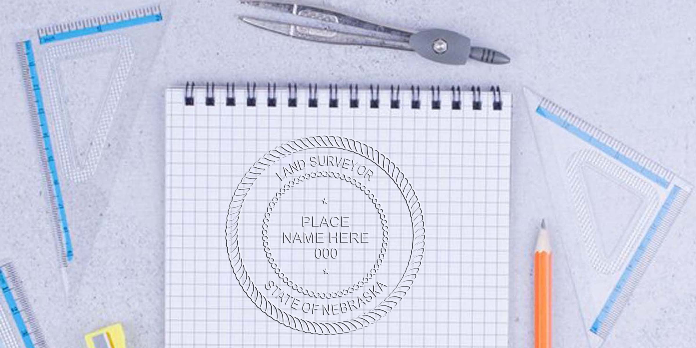 Affordable Nebraska land surveyor seal shown with survey tools on graph paper and drafting instruments.