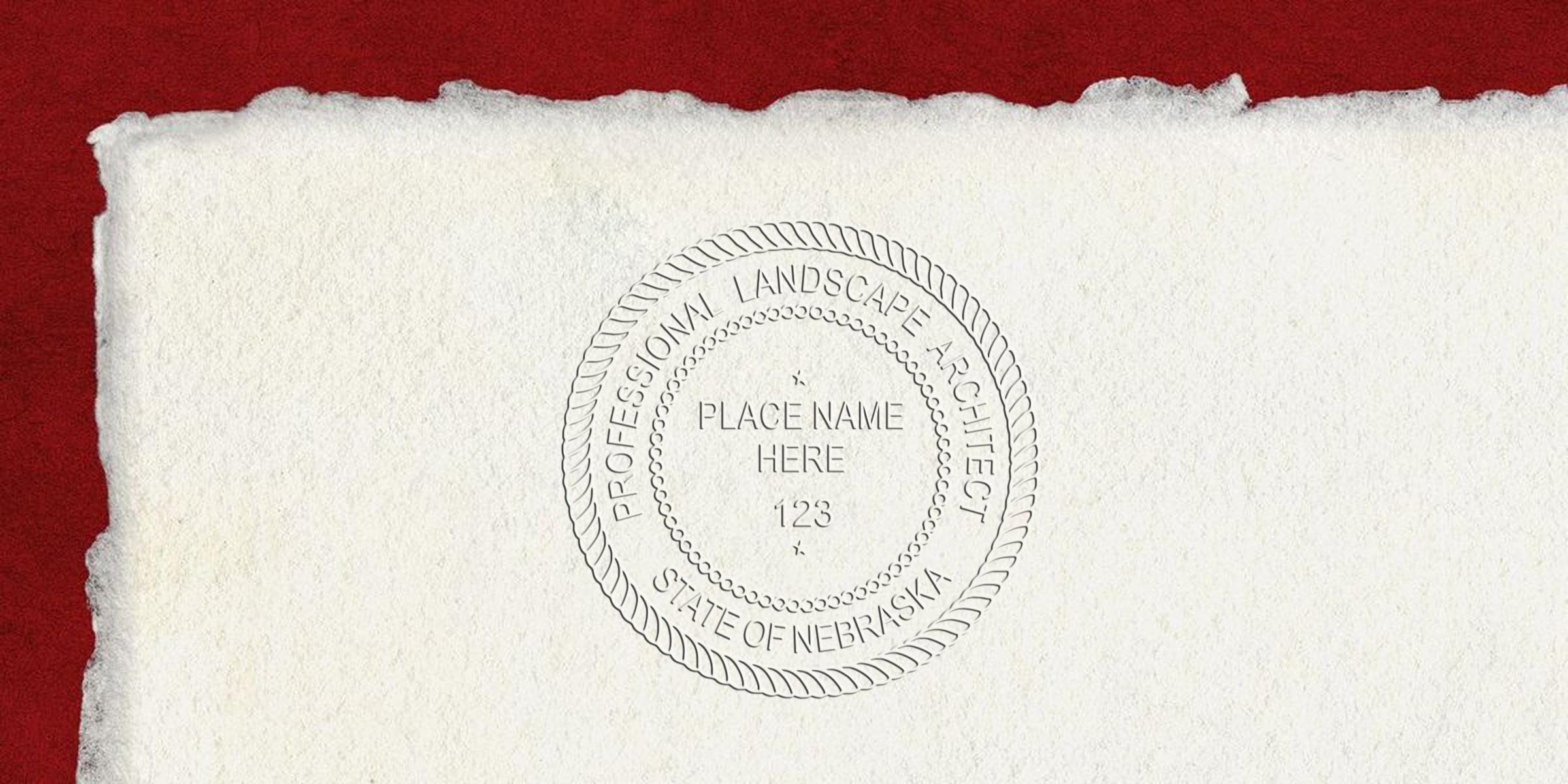 Embossed landscape architect stamp on textured paper, showing Nebraska state certification seal and official emblem, symbolizing Nebraska licensing requirements.