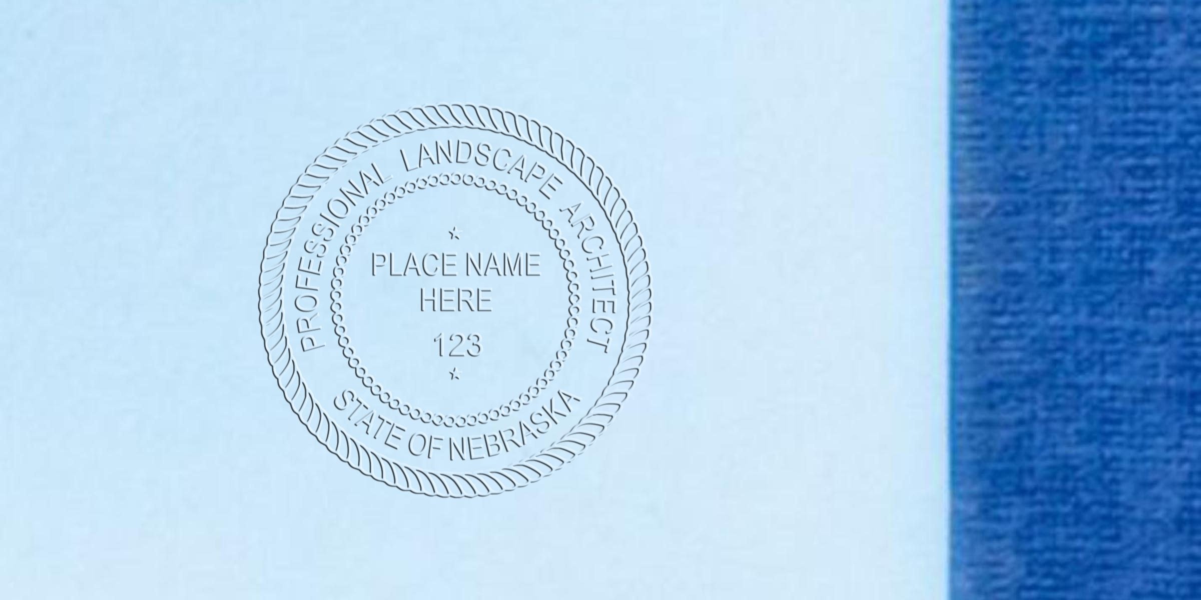 Nebraska landscape architect embossed stamp on blue paper, showing a professional online seal for state certification.