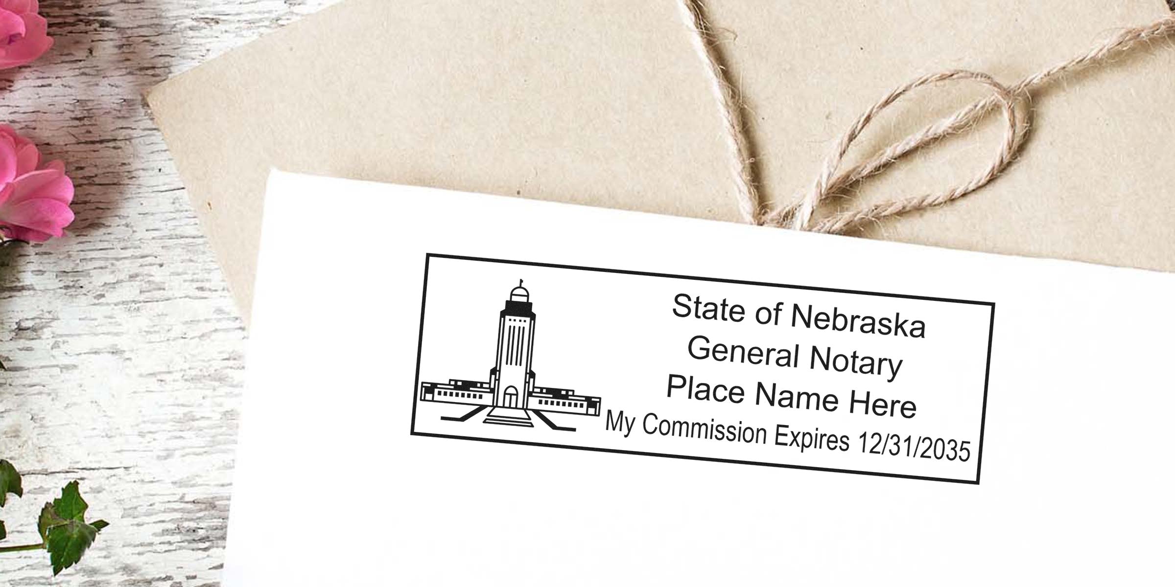 Nebraska notary stamp and seal on envelope displaying general notary commission and expiration date.