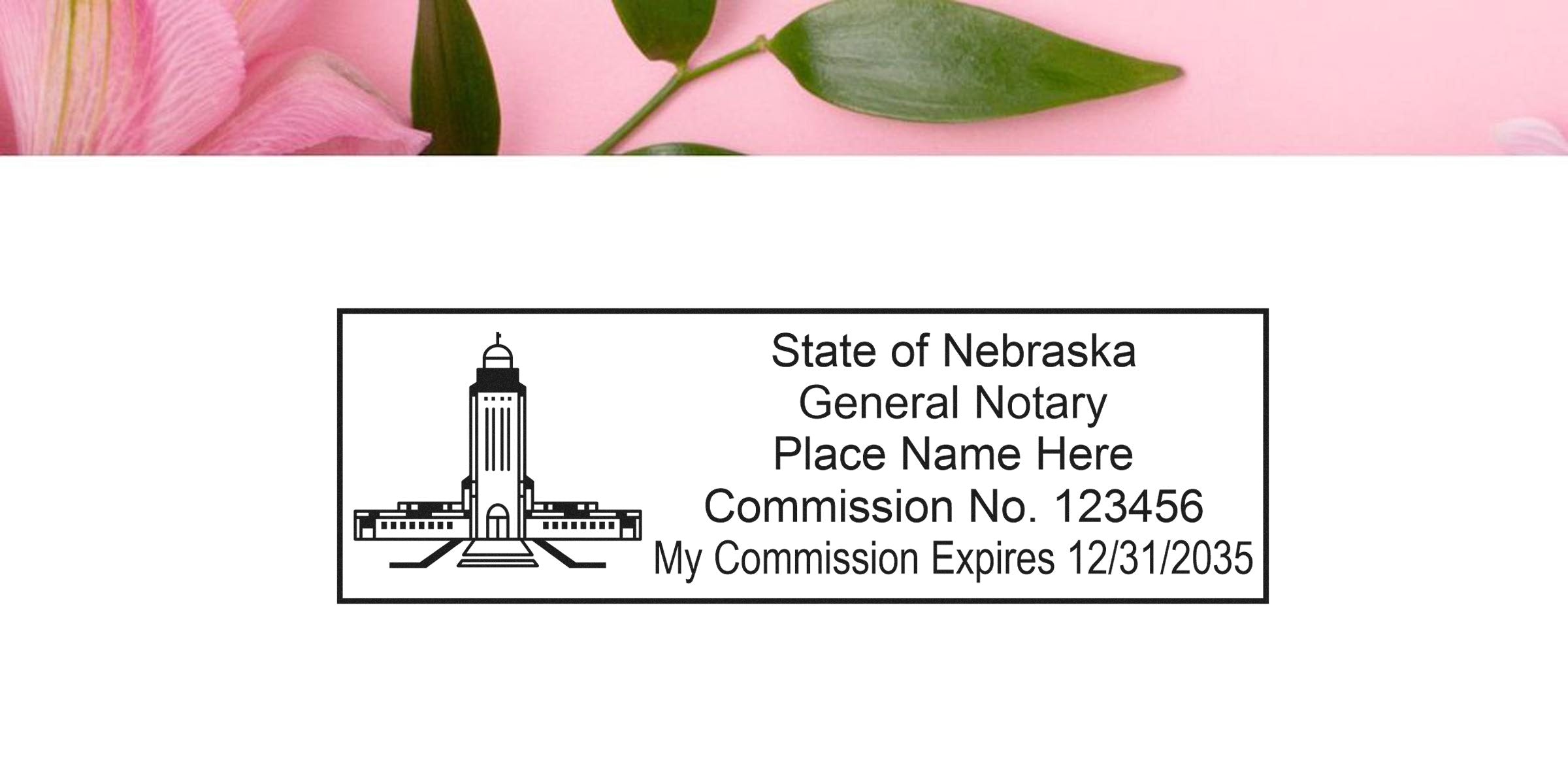 Nebraska notary seal showing commission number and expiration date for general notary services per Nebraska notary public guidelines.
