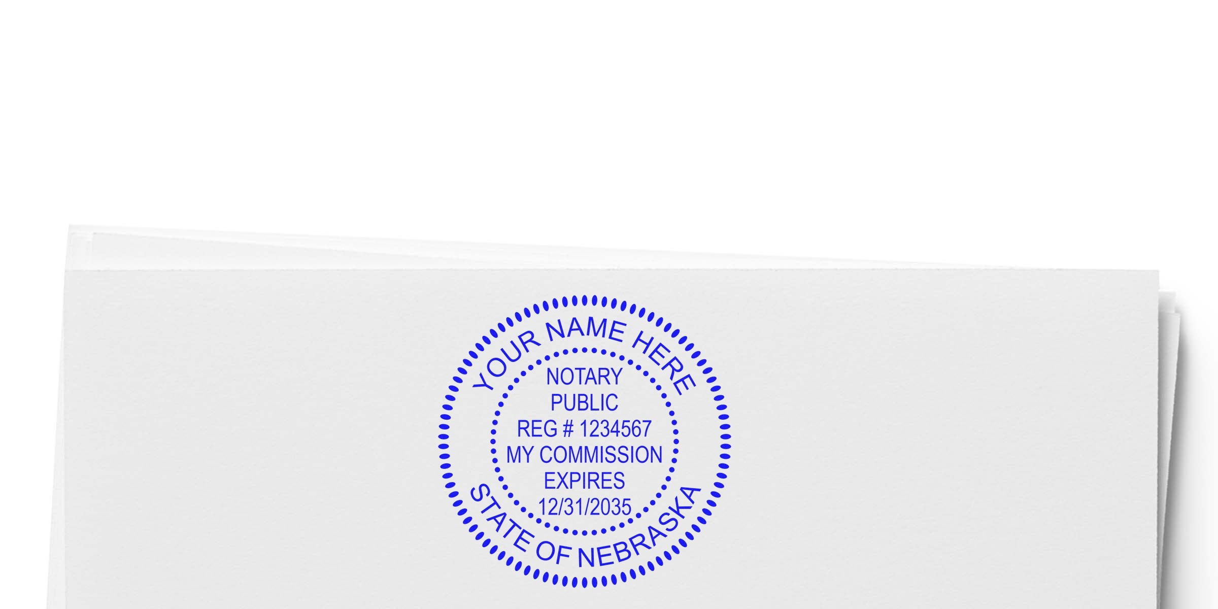 Custom blue Nebraska notary seal on white paper showing seal dimensions and size for commission verification.