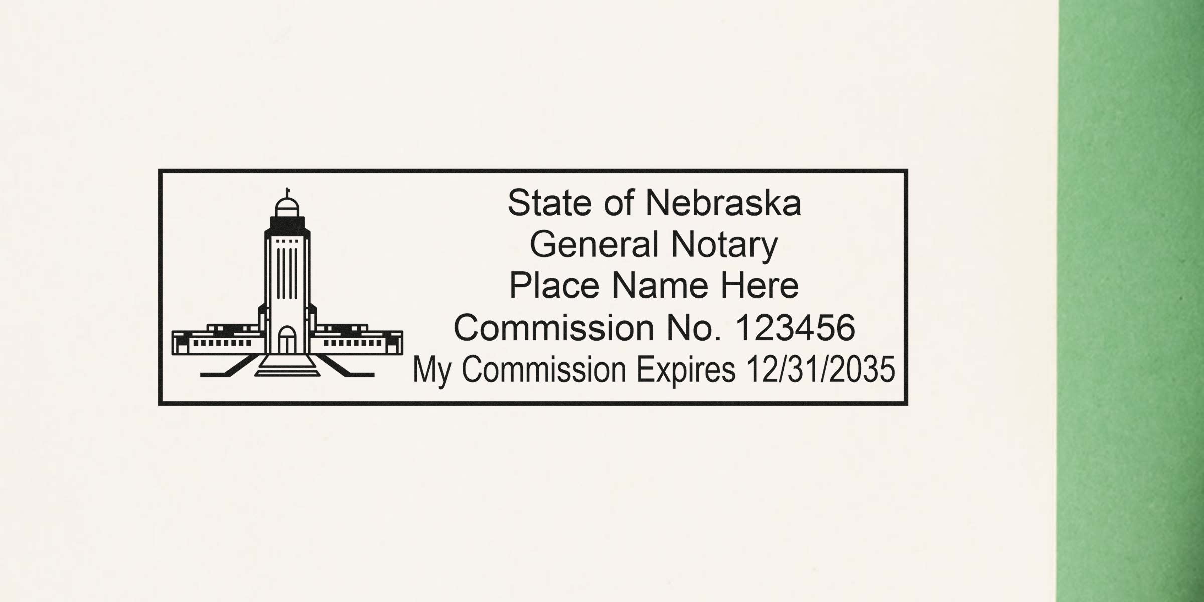 Nebraska notary stamp showing commission number and expiration date, a must-have for Nebraska notary supplies and essentials.