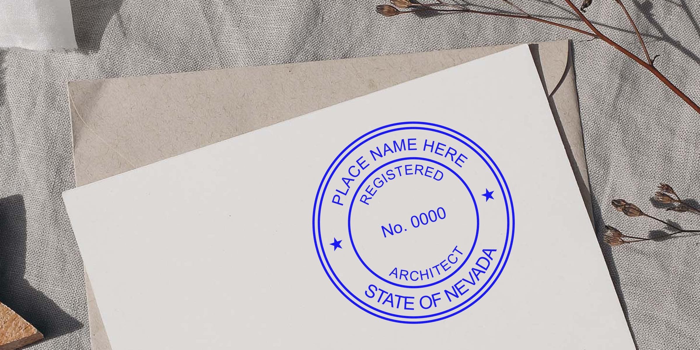 Architect Stamp Nevada on official document showing compliance with Nevada Architect Law and registration number.