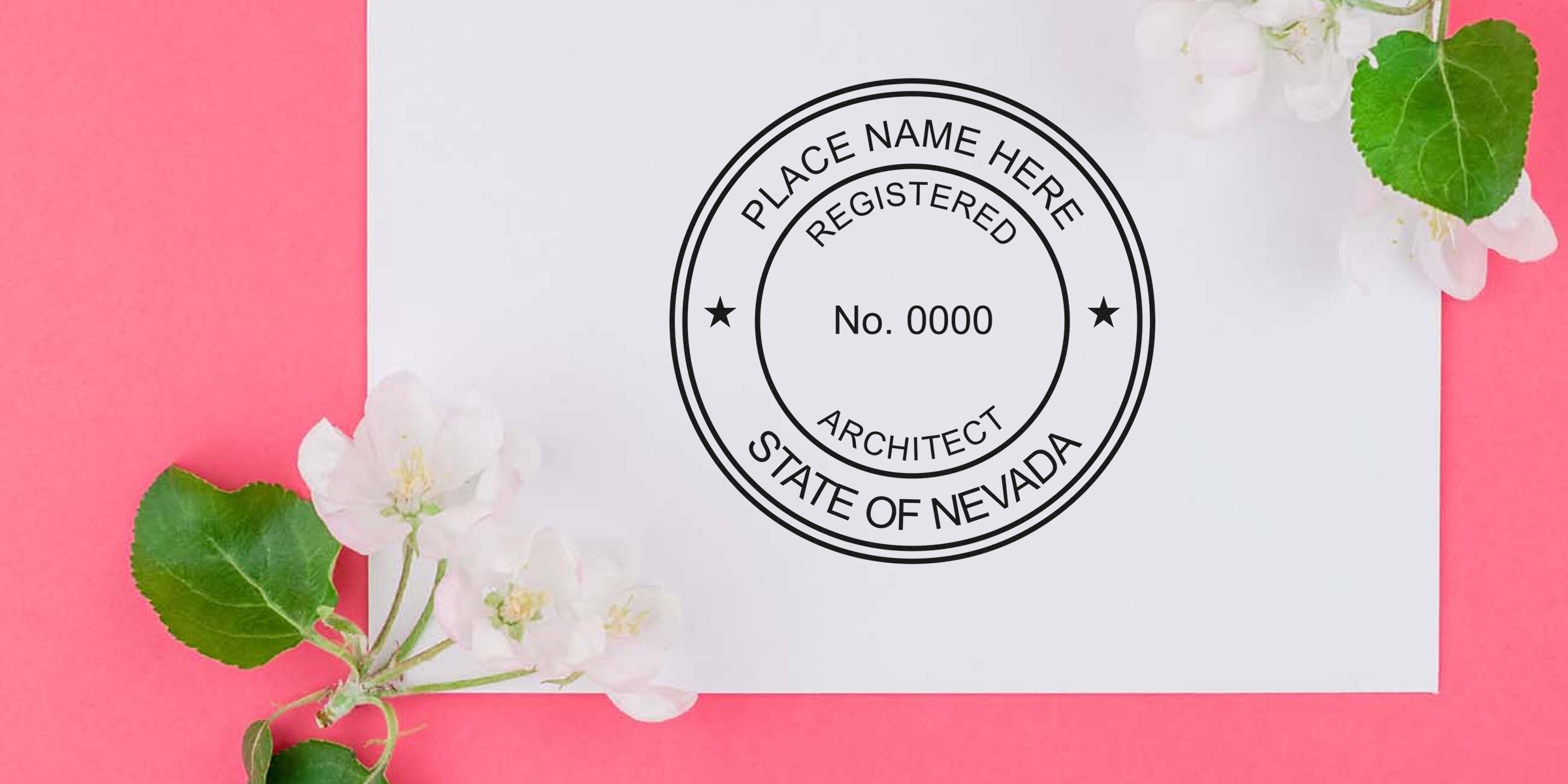 Nevada architect seal embosser imprint on white paper with flowers on a pink background, highlighting tips for buying architect seals.