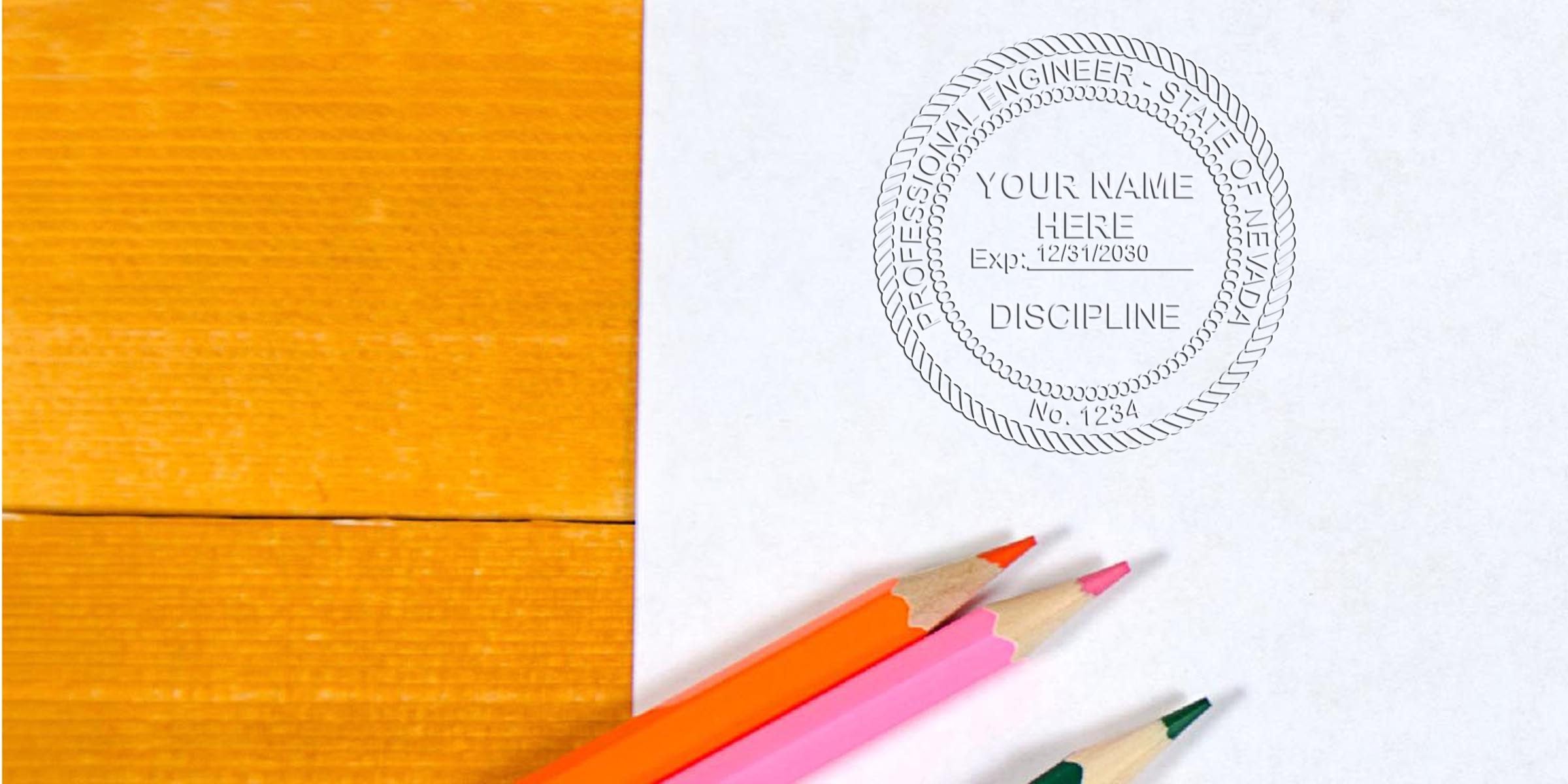 Custom engineer seals and NV stamps on paper, colored pencils on wooden table.