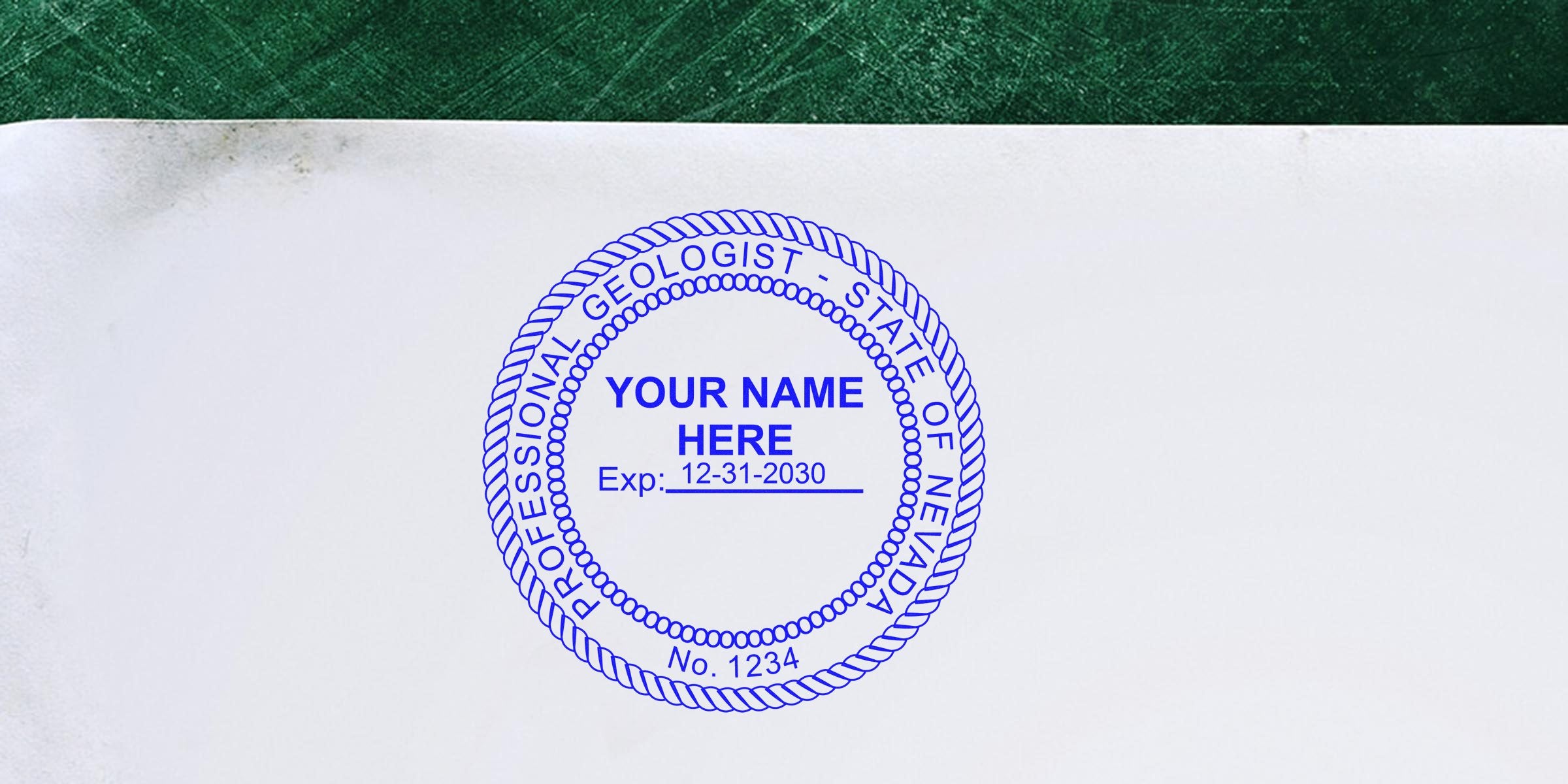 Nevada geology certification stamp for geologist with expiration date on white paper background.