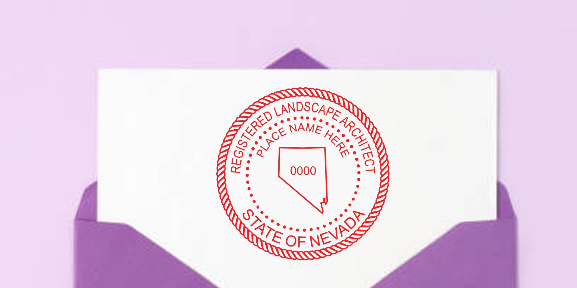 Nevada landscape architect stamp with Registered Landscape Architect seal on white paper, set against a purple envelope background, highlighting the stamp design.