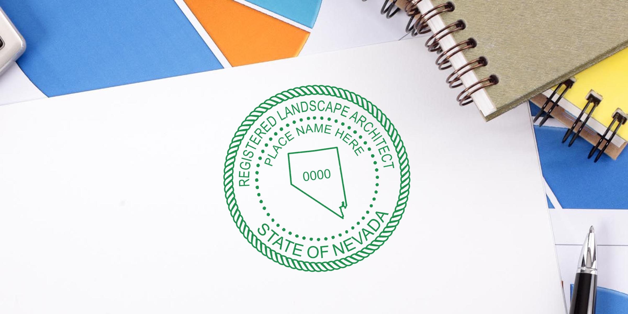 Nevada online stamp of registered landscape architect seal on white paper with office supplies, indicating project approval in Nevada.