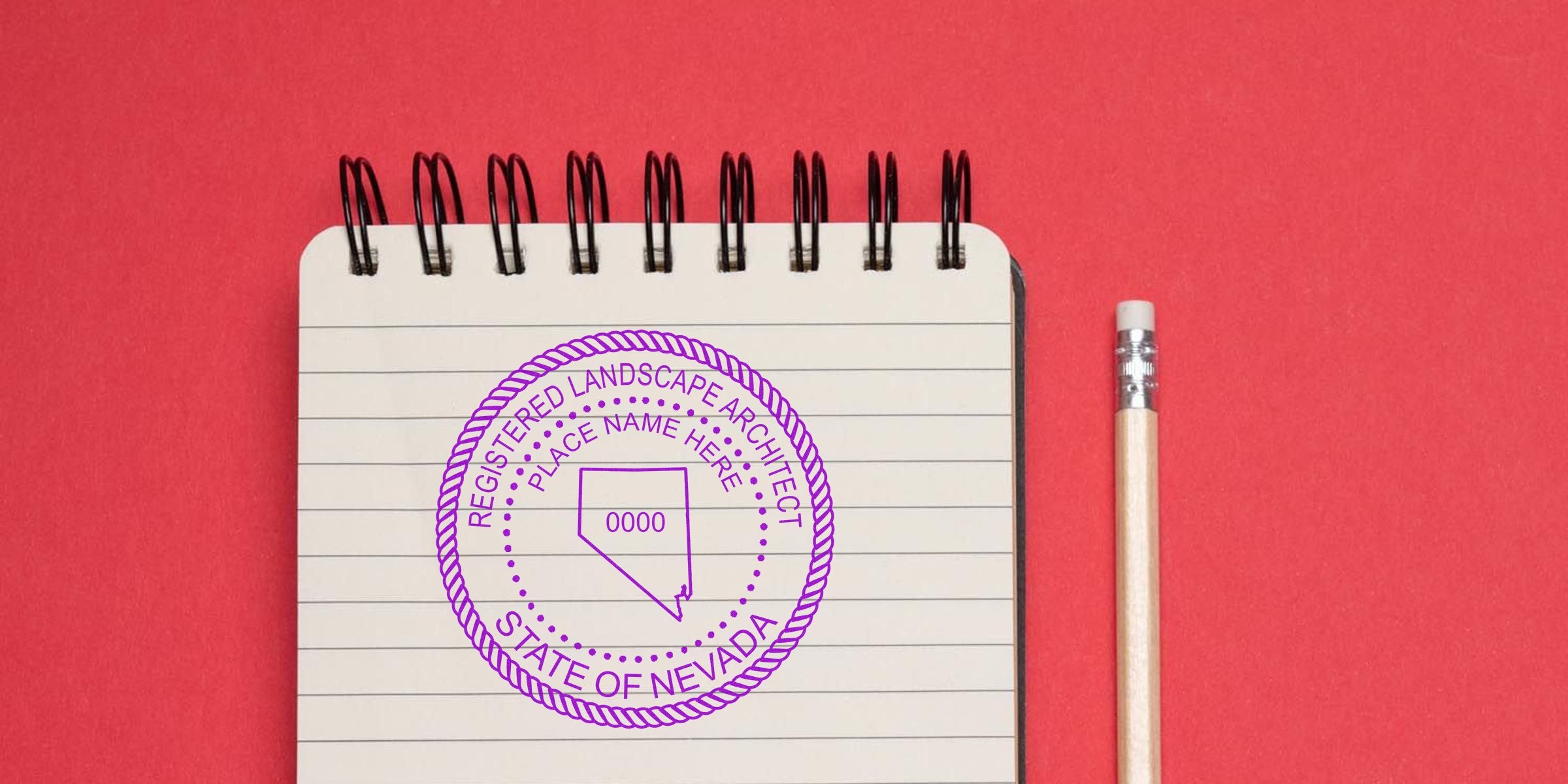 Nevada landscape architect stamp on notebook with pencil, emphasizing stamp cost and value on a red background.