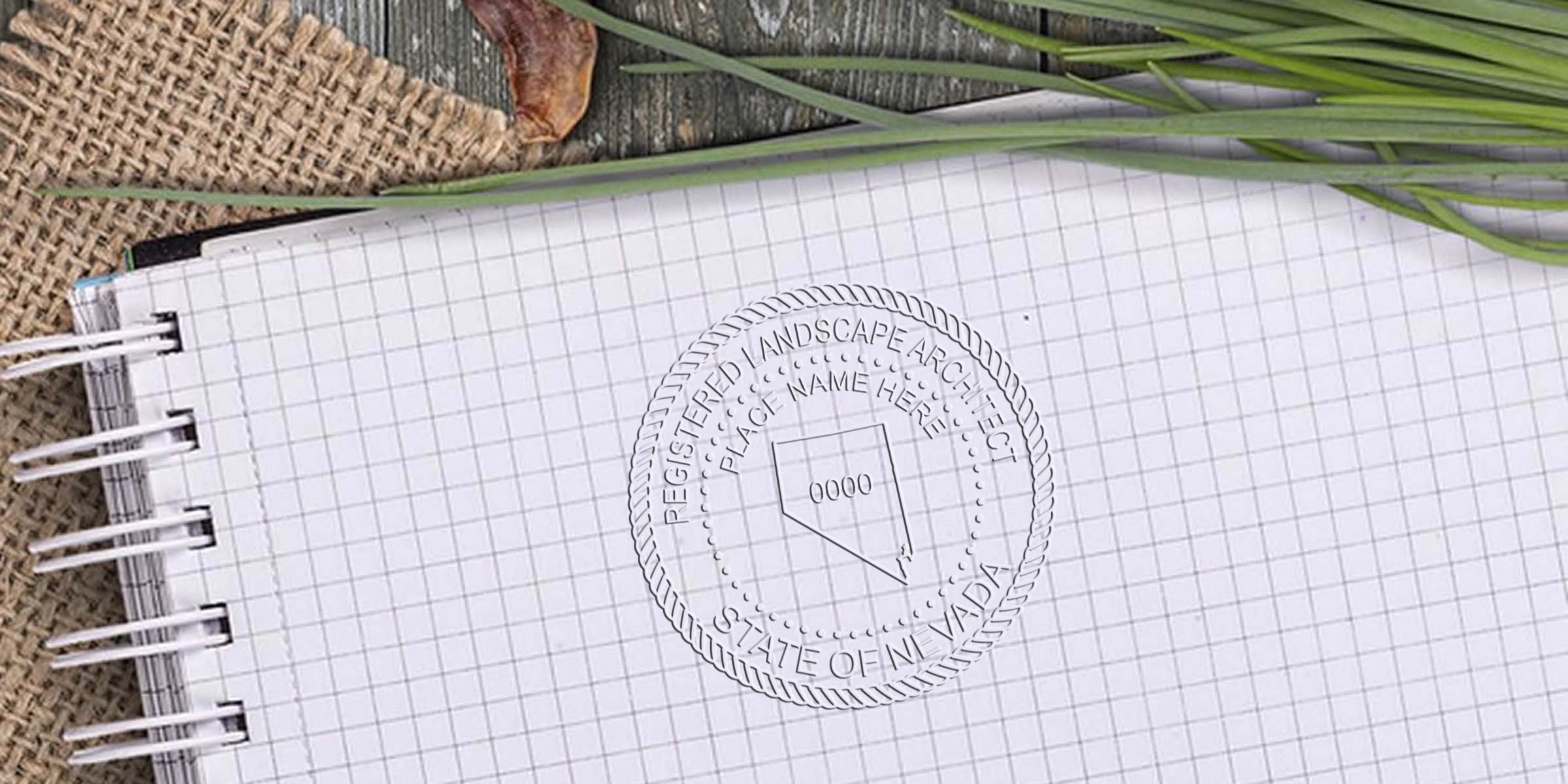 Nevada landscape architect seal stamped on graph paper notebook for licensing verification.
