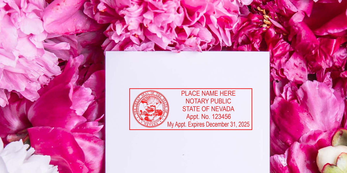 Nevada notary seal stamped on white paper, surrounded by pink flower petals, meeting all Nevada notary seal requirements.
