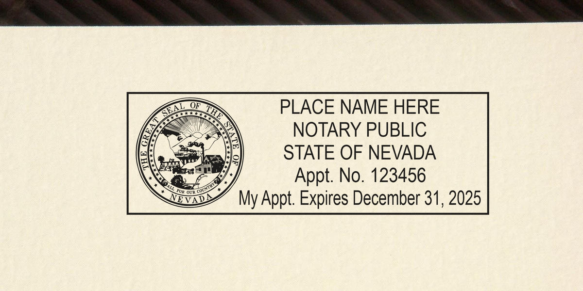 Nevada notary stamp with state seal and expiration date 12/31/2025, essential supplies and tools used by Nevada notaries.
