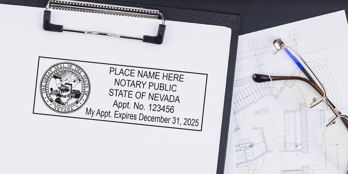 Nevada notary public stamp and seal on clipboard with architectural blueprint and glasses, displaying official notary stamp and appointment info.