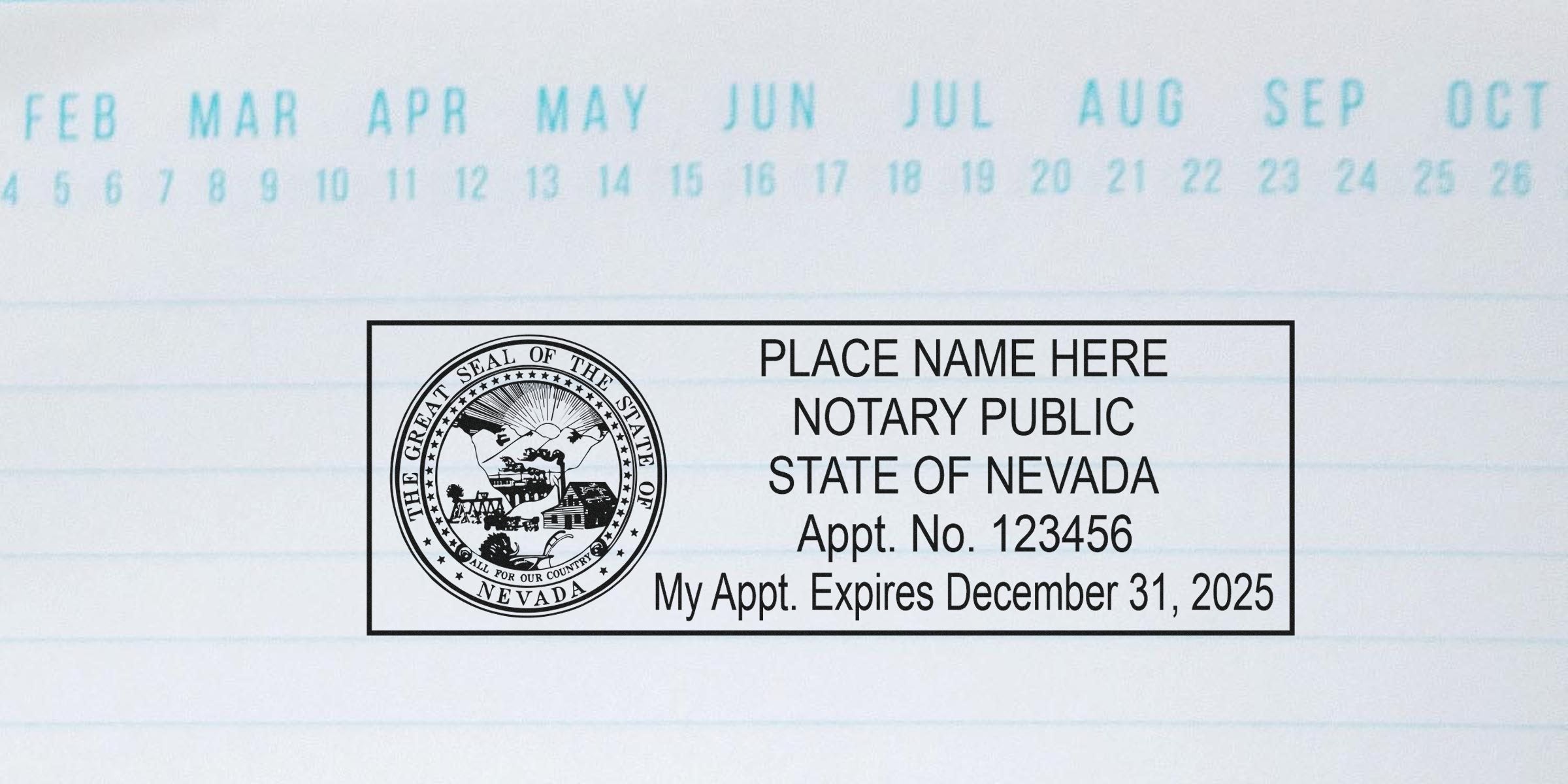 Nevada notary public stamp with appointment number and expiration date on lined paper, displaying a trusted notary seal.