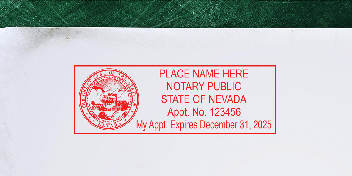 Nevada notary stamp on white paper shows appointment number, expiration date, and highlights self-inking notary advantages.