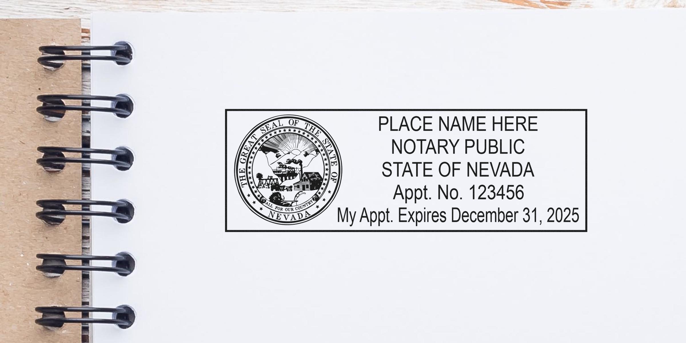 Nevada notary seal stamp with appointment number and expiration date on white notebook, emphasizing Nevada online notary services.