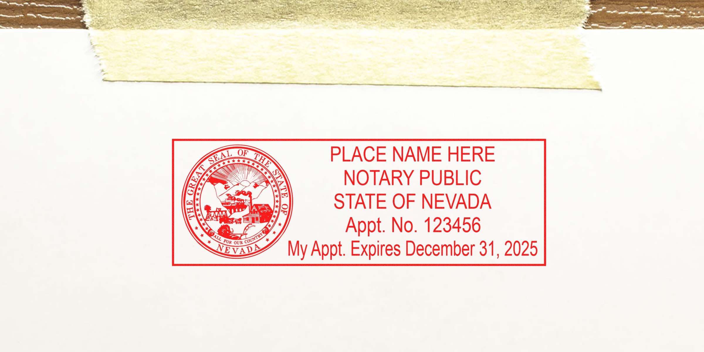 Nevada notary seal stamp on white paper with appointment number and expiration date, perfect for anyone seeking to buy a Nevada notary seal.