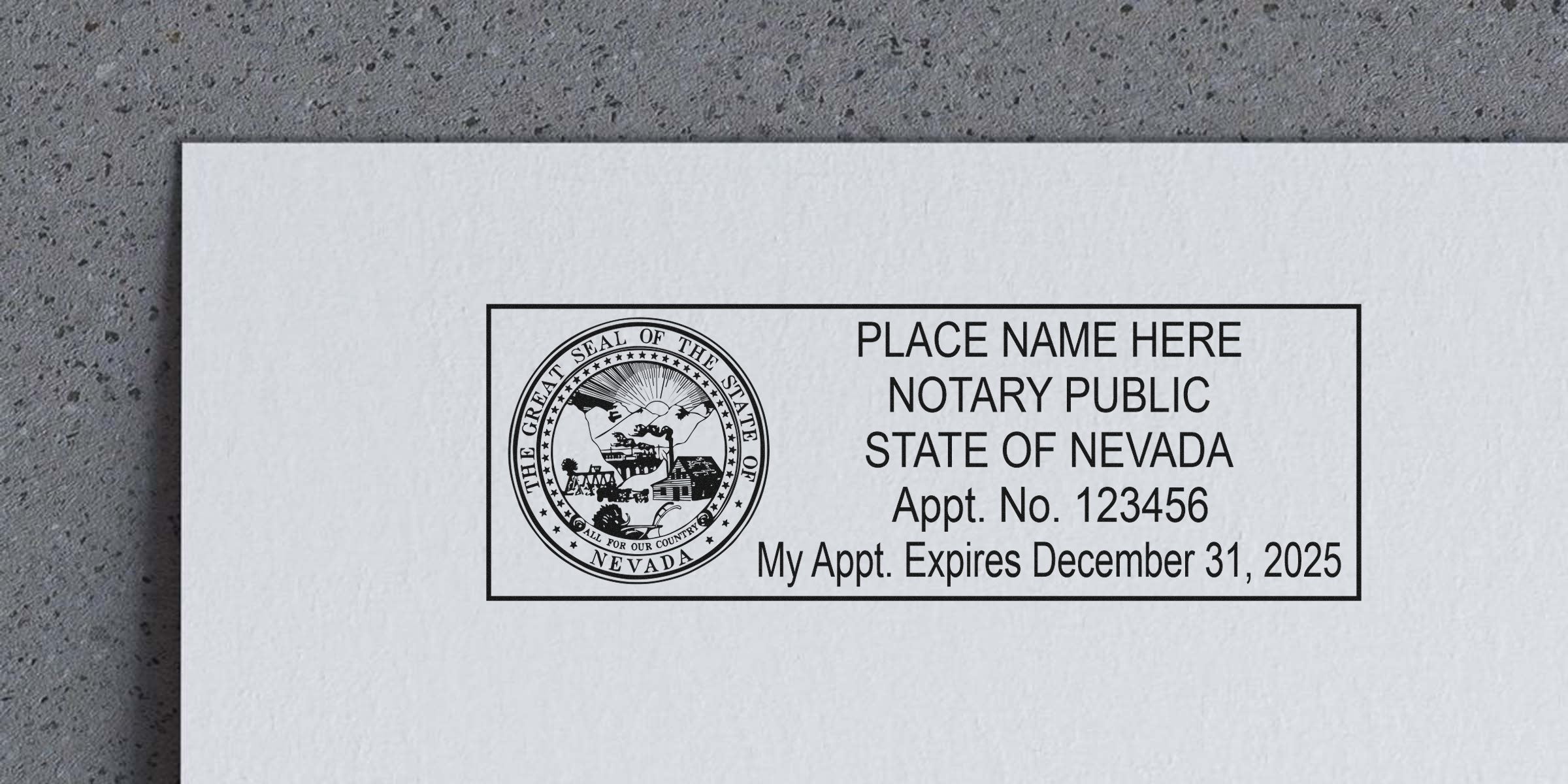 Nevada notary stamp with official state seal and expiration date on white paper. Get your Nevada Notary Stamp now with Buy Notary Stamp Tips.