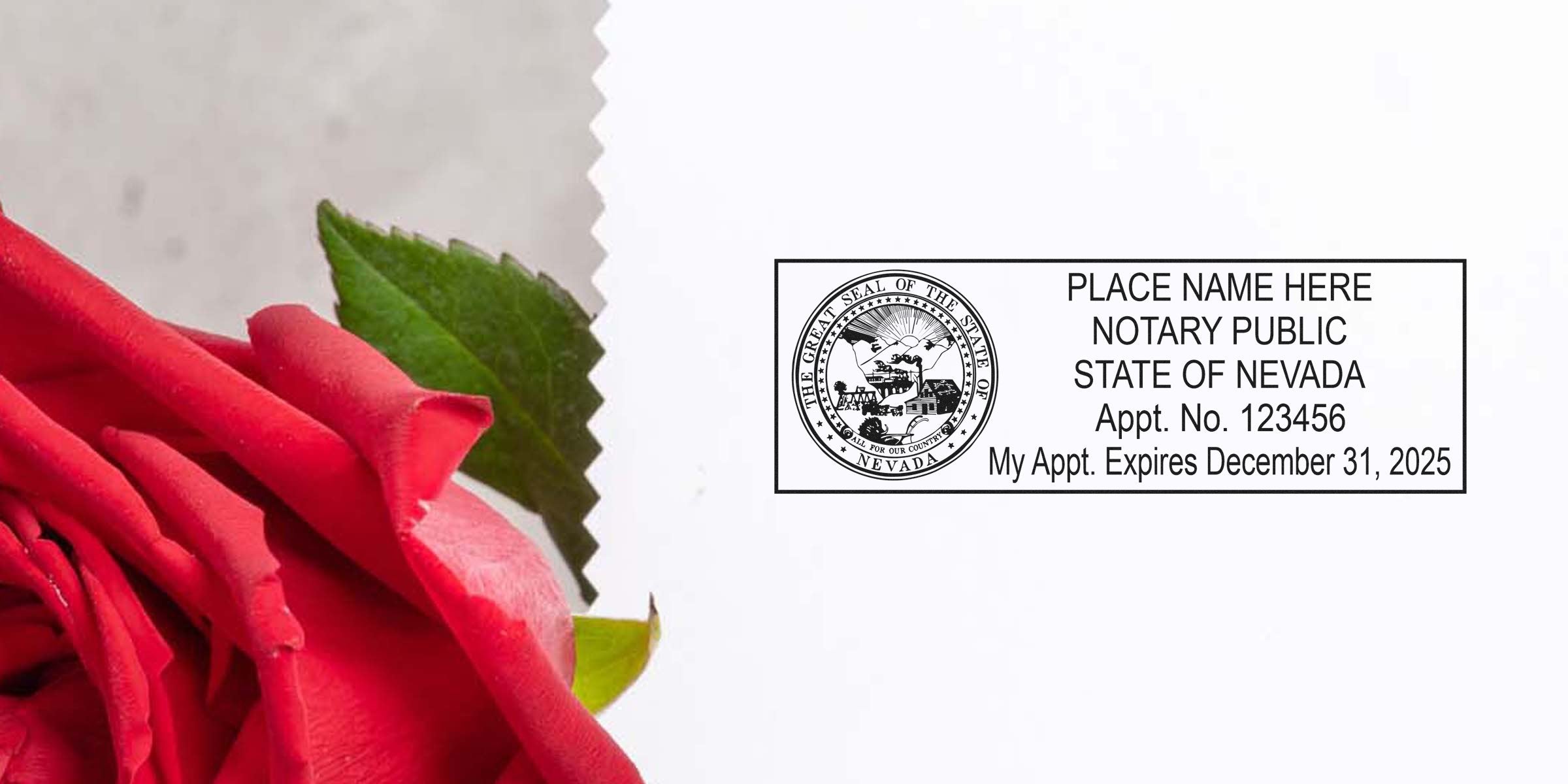 Red rose next to an affordable Nevada notary stamp with appointment expiration date December 31, 2025.