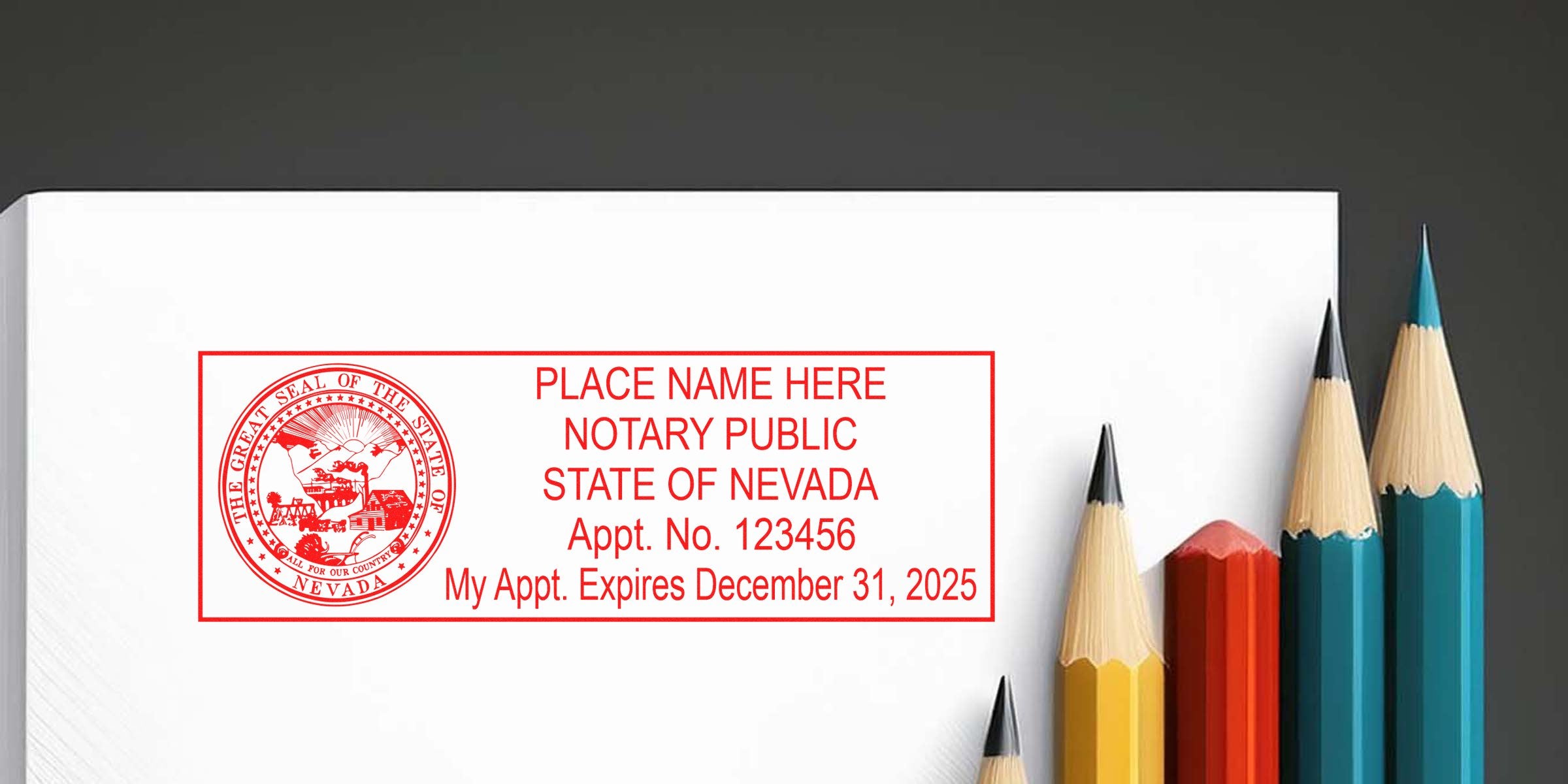 Nevada Notary Seal on white paper with colored pencils nearby, highlighting key Nevada Notary Tips.