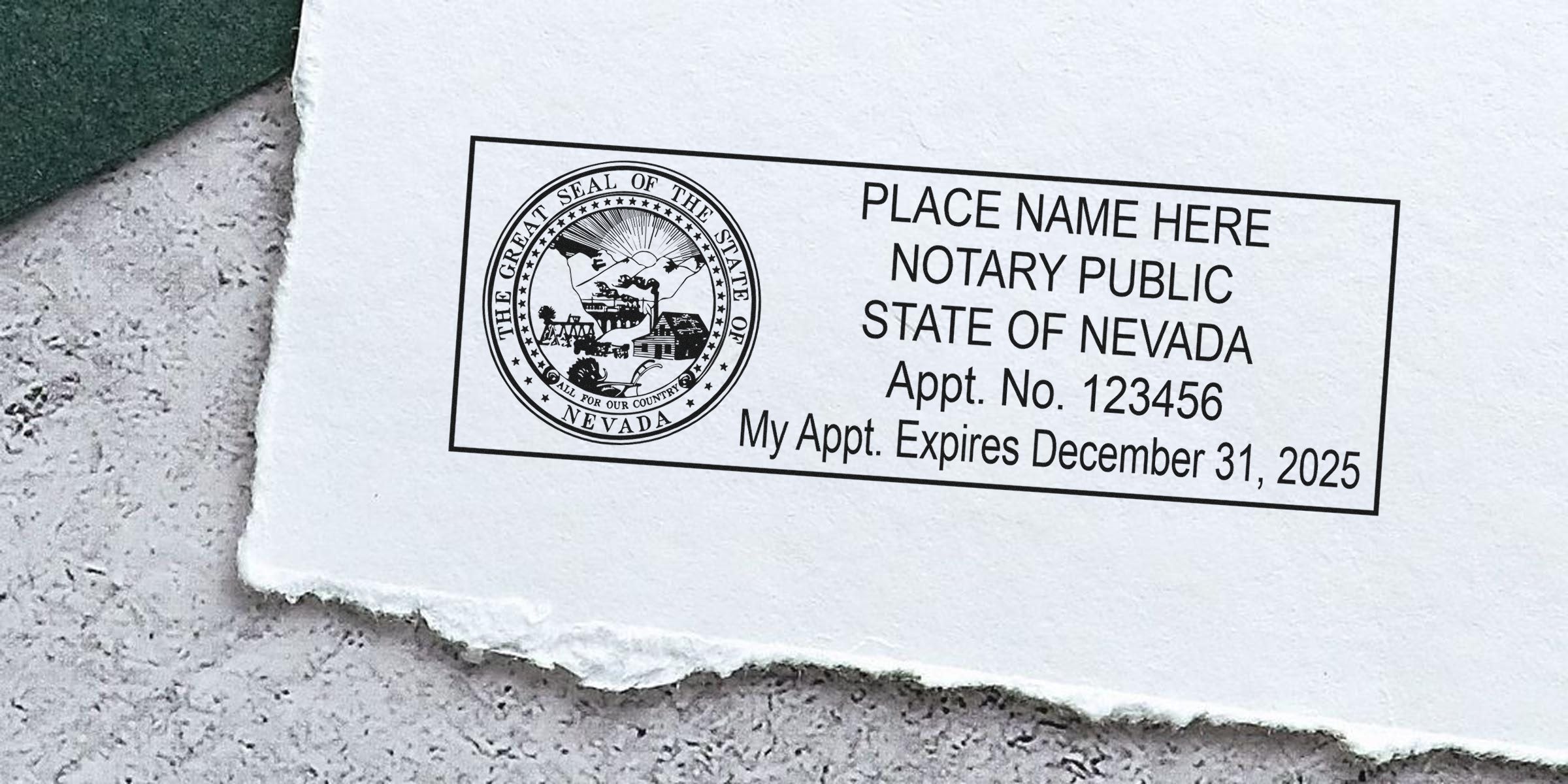 Nevada notary public stamp with state seal and expiration date on torn white paper, showcasing NV notary supplies and essential new notary items.