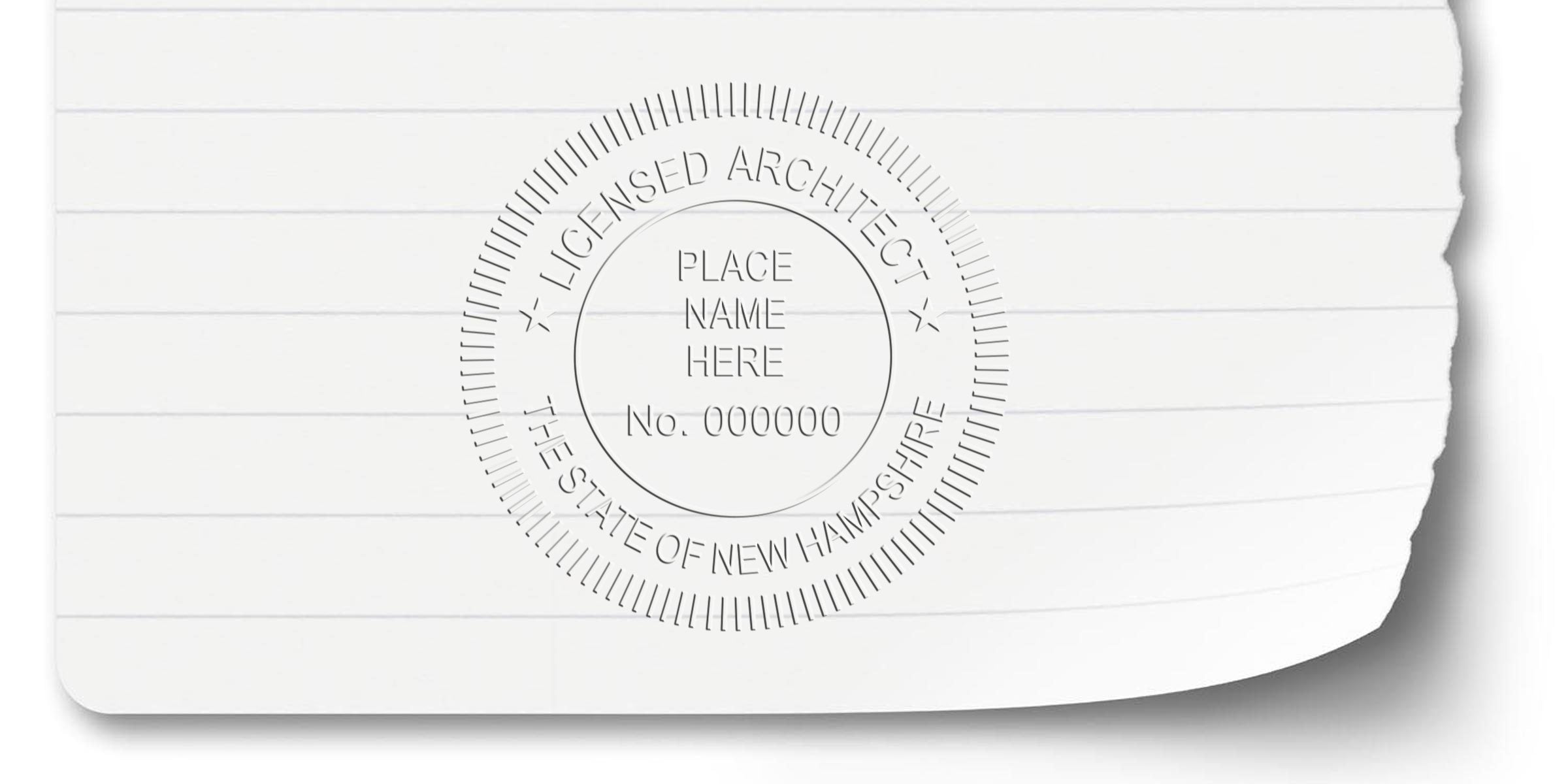 Licensed architect embossed seal on white lined paper for New Hampshire architect stamp verification. Order your architect stamp online today.