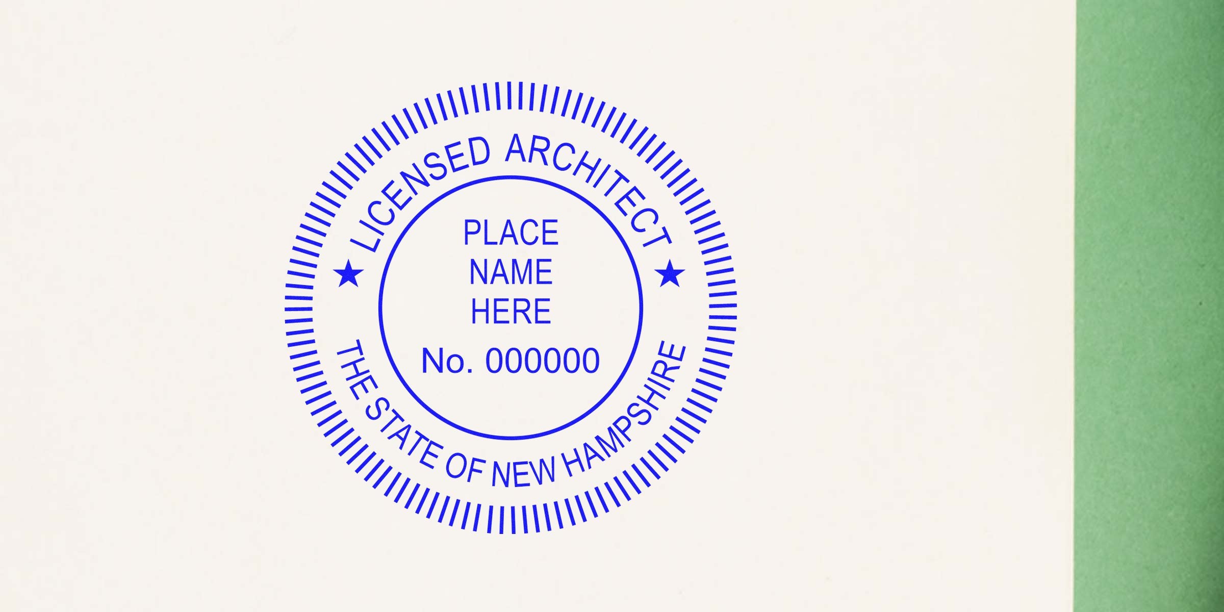 New Hampshire architect stamp on white paper with space for name and license number, compliant with NH architect stamp requirements.
