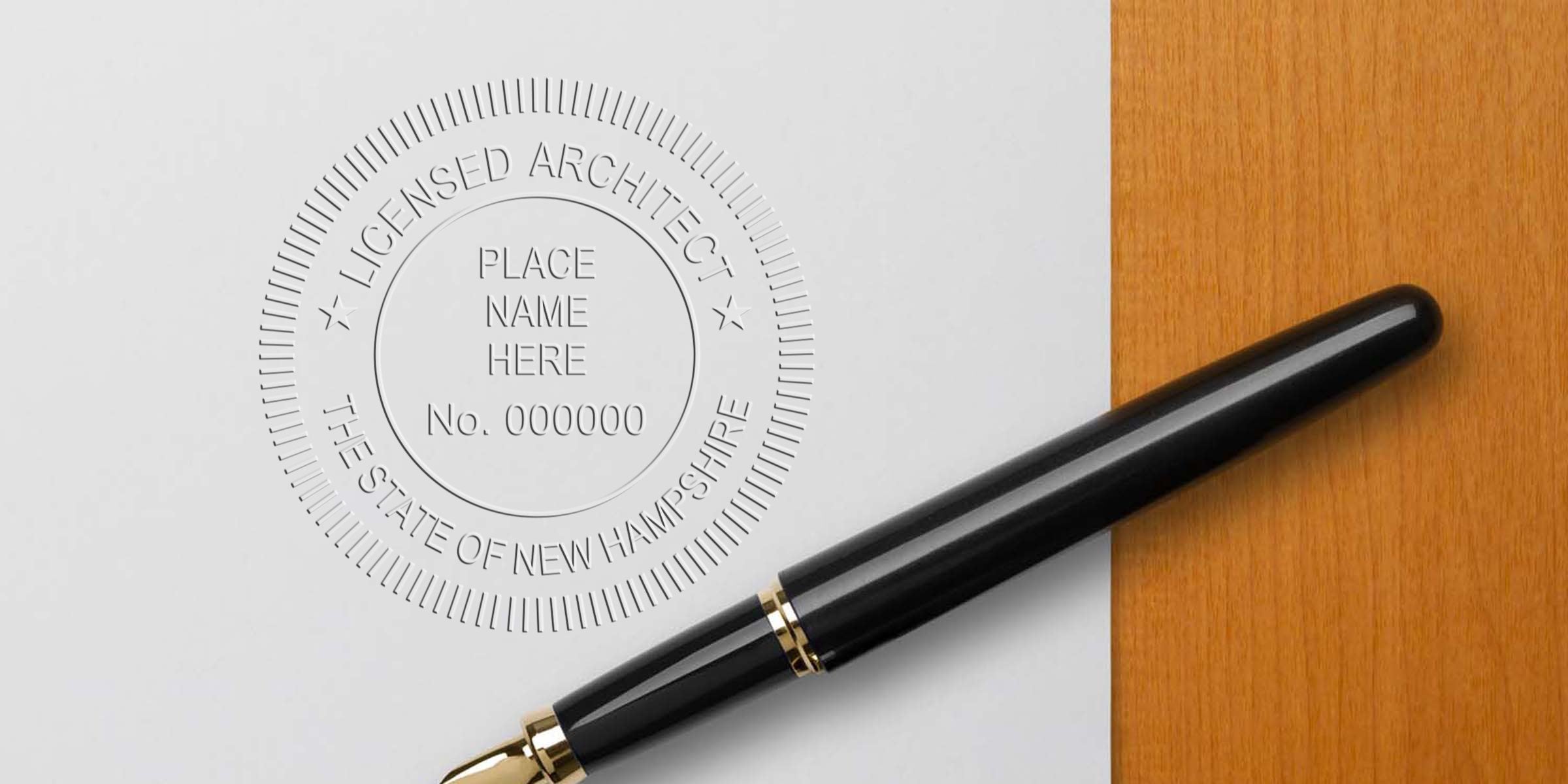 Custom architect stamp with New Hampshire license embossed on white paper, alongside a black fountain pen on a wooden table.