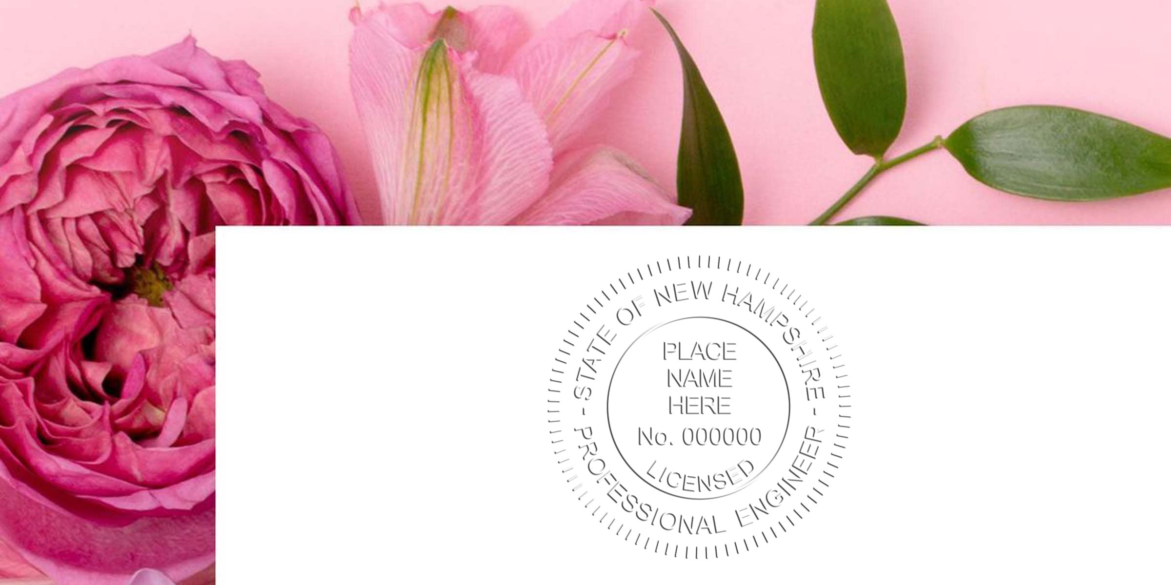 NH PE Seal with the New Hampshire engineer emblem, surrounded by pink flowers and green leaves on a pink background, showcasing NH Professional Engineer Seal Requirements.