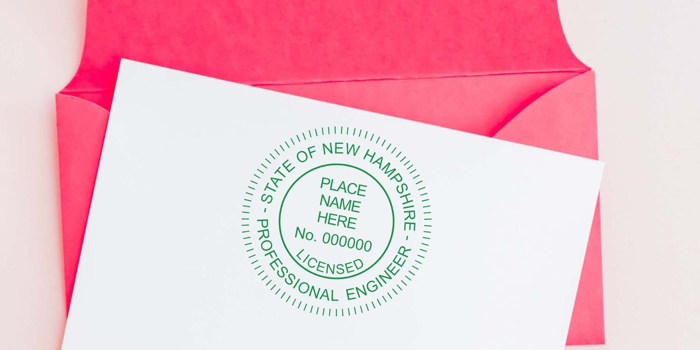 New Hampshire Professional Engineer Seal on white paper with a pink envelope background, showing New Hampshire Engineering License details.