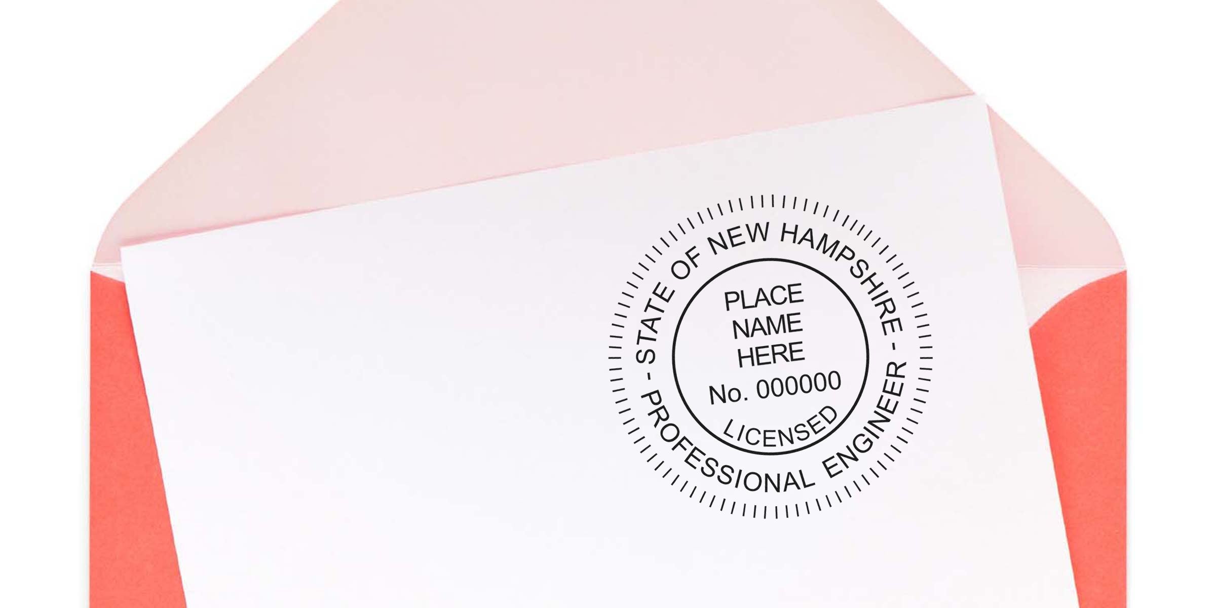 New Hampshire professional engineer seal on white paper inside a pink envelope, demonstrating compliance with NH engineering stamp laws.