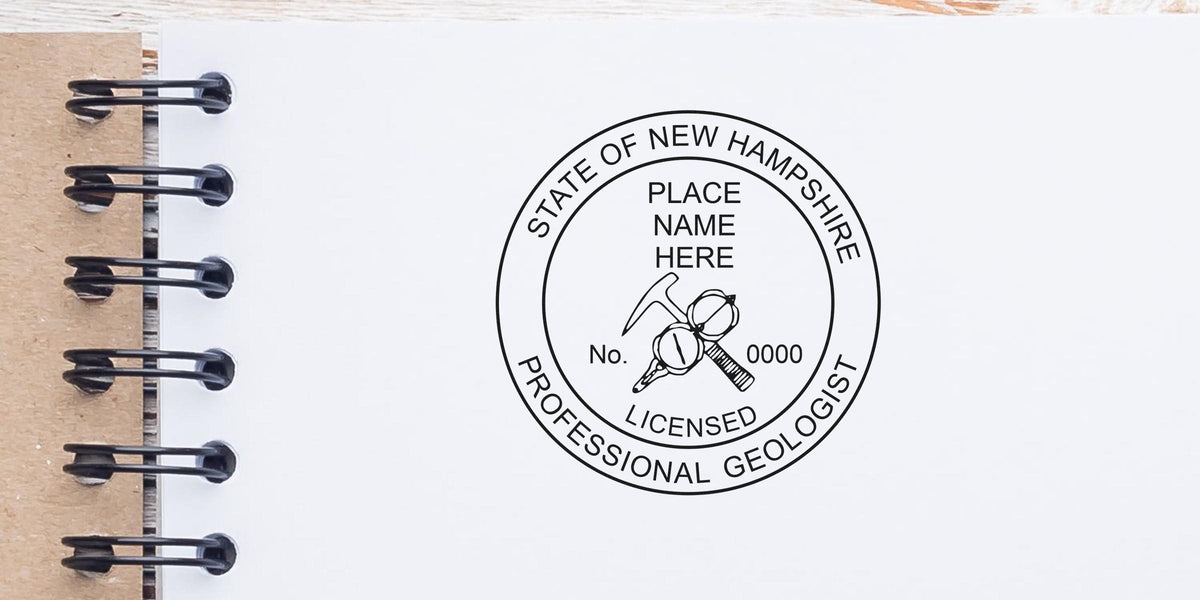 New Hampshire licensed geologist seal stamp on white notebook, showing the official seal and steps to purchase it.