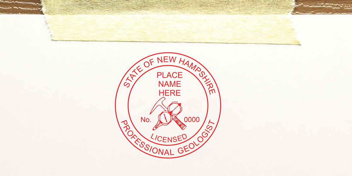 New Hampshire geologist seal on white paper with license stamp, geological tools, and license number, showcasing geologist seal requirements.