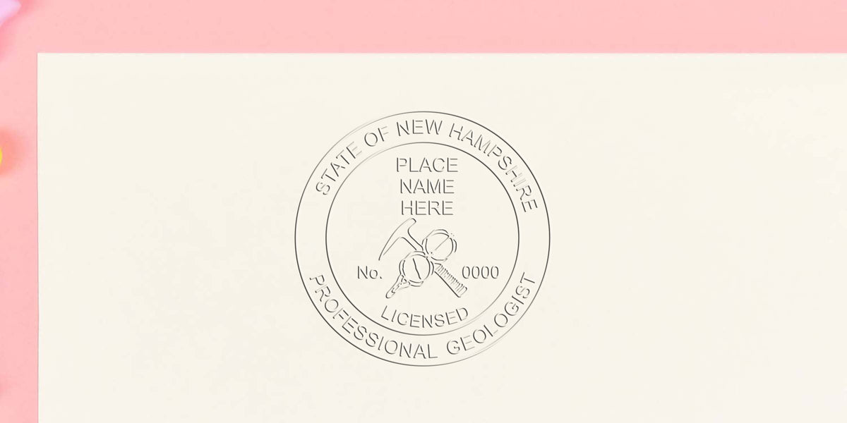 Geologist Seal New Hampshire with Professional Geologist Stamp and geological tools illustration on white paper.