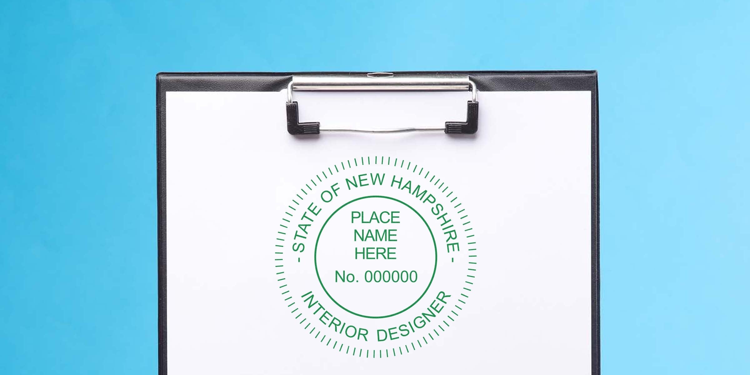 Custom interior designer seal for NH Interior Design Services stamped on clipboard against a blue background.