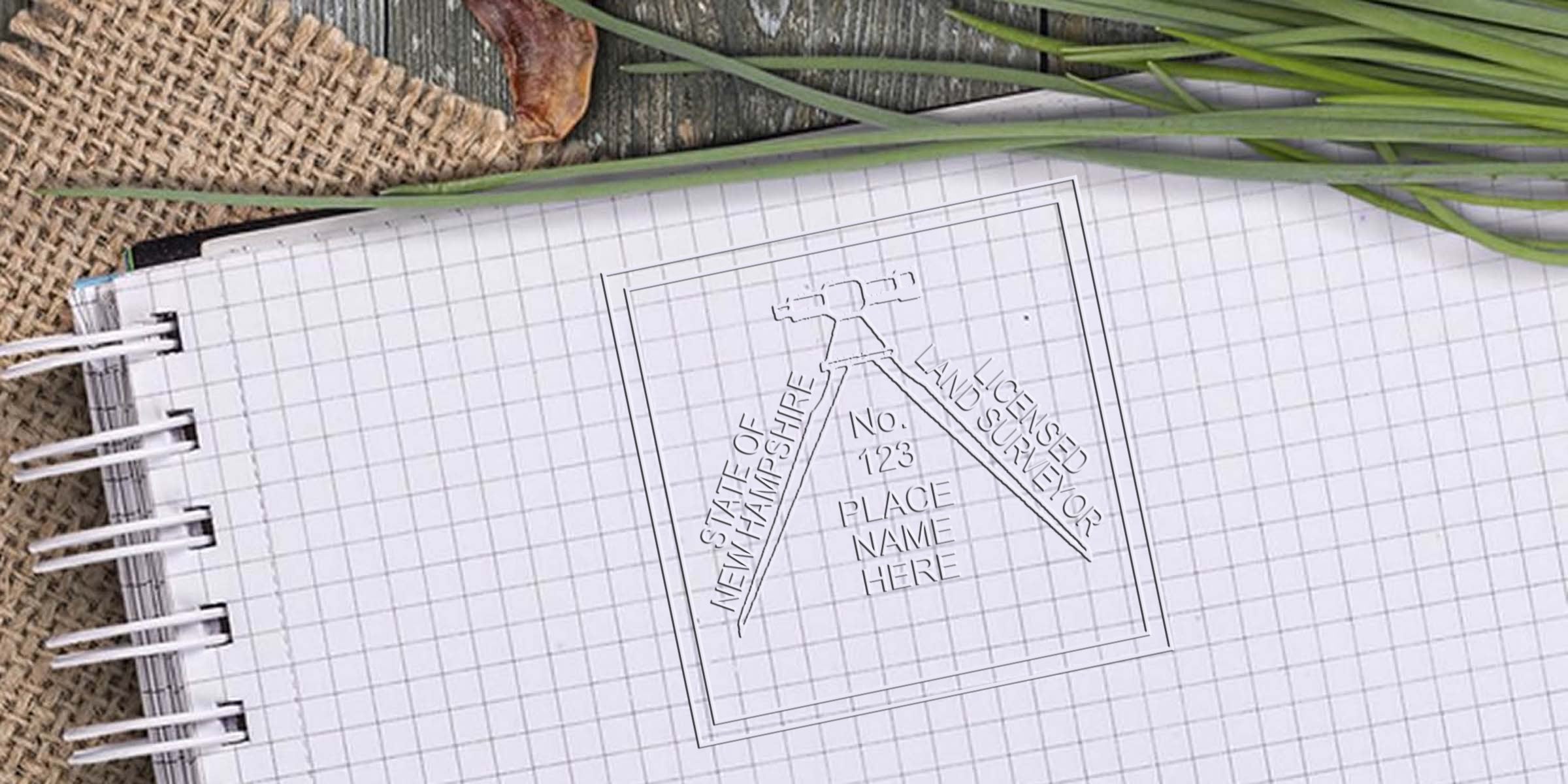 Graph paper spiral notebook with a custom New Hampshire land surveyor stamp, placed on green grass and burlap background.